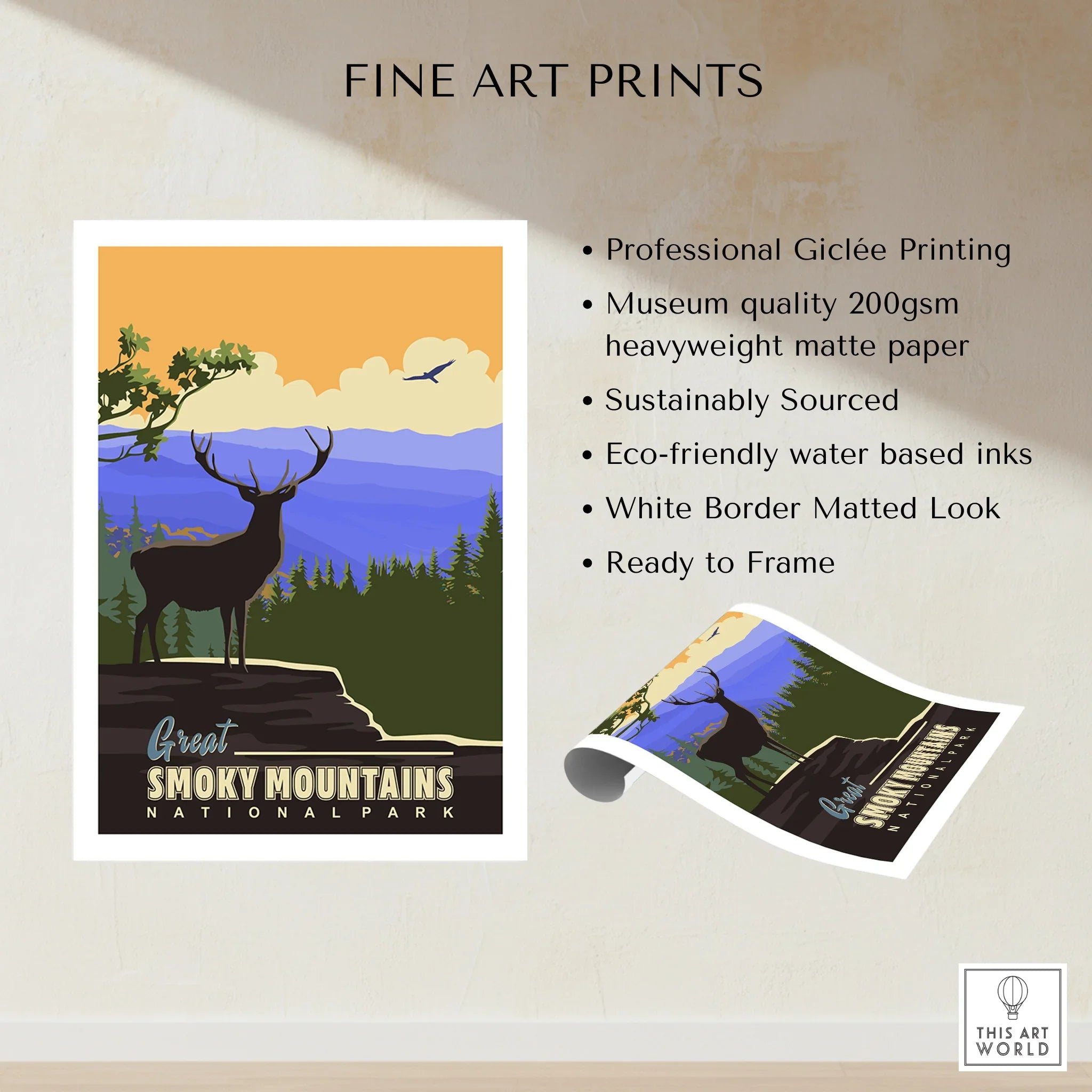 Smoky Mountains National Park fine art print with deer silhouette, mountain landscape, and eco-friendly details.