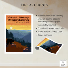 Great Smoky Mountains National Park art print with bear, sunrise, and forest landscape details