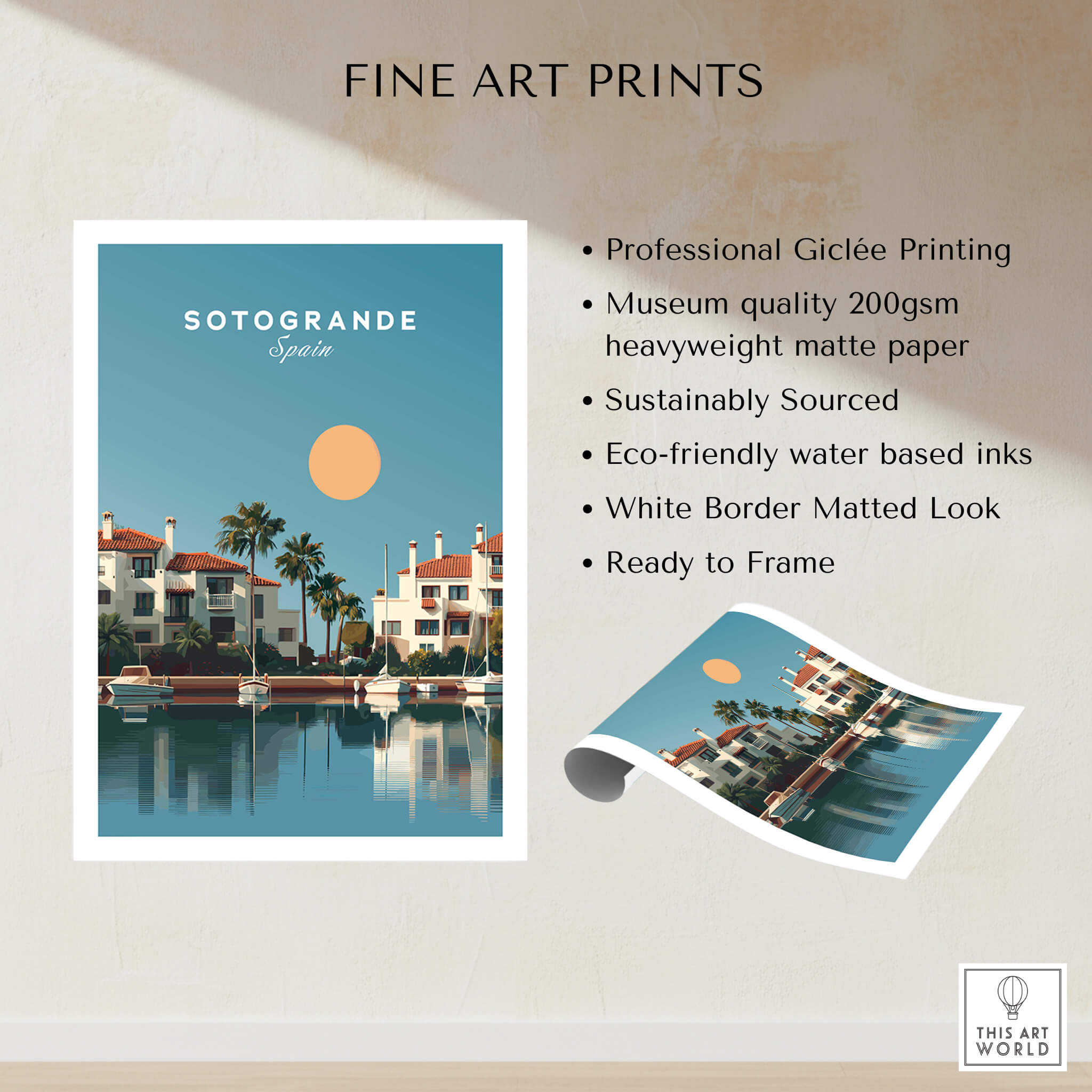 Sotogrande Spain Travel Poster | Luxury Marina & Boats Wall Art Print showcasing eco-friendly Giclée printing and matted look.