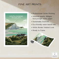 South Downs National Park fine art print with green cliffs, sea, and cottage, unframed.