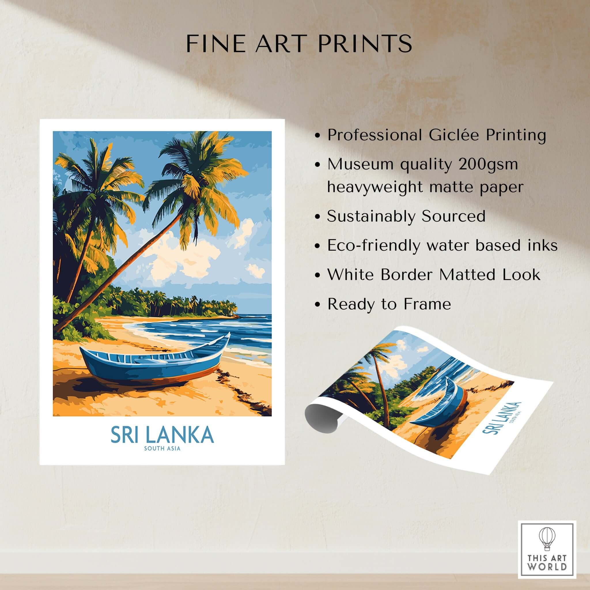 South Asia Travel Poster - Sri Lanka Coastal Print, Island Life Wall Art showcasing a tropical beach with a blue boat.