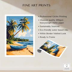 Sri Lanka Beach Scene Art - Tropical Island Print, Palm Tree Wall Decor with a vibrant beach and boat design.