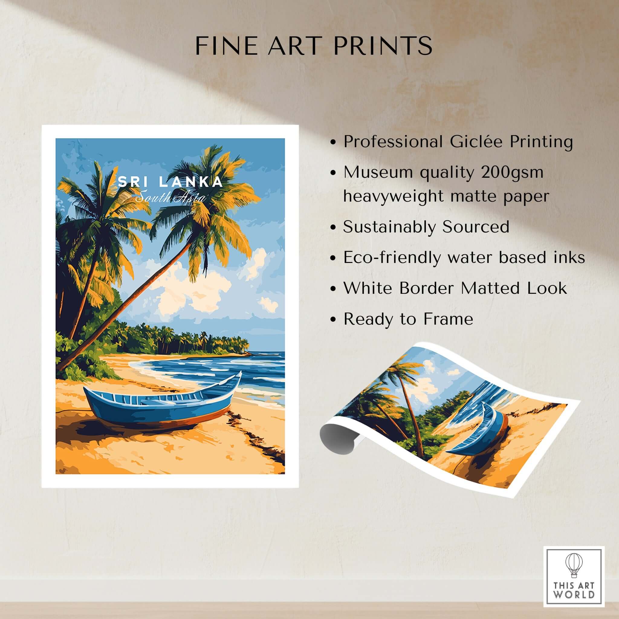 Sri Lanka Beach Scene Art - Tropical Island Print, Palm Tree Wall Decor with a vibrant beach and boat design.