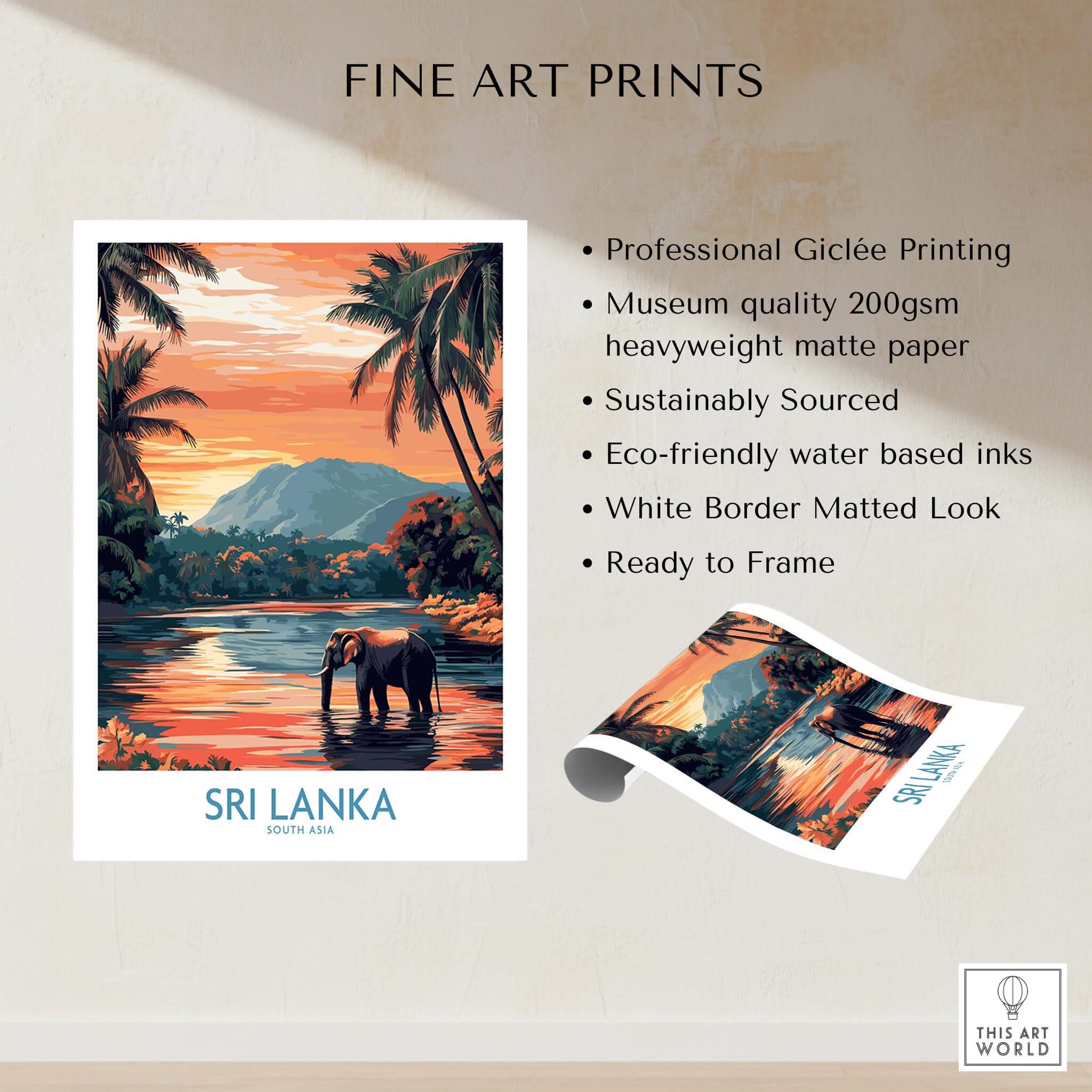 Sri Lanka Nature Art - Elephant in River Poster, Tropical Wildlife Print showcasing serene elephant by a river in tropical setting.