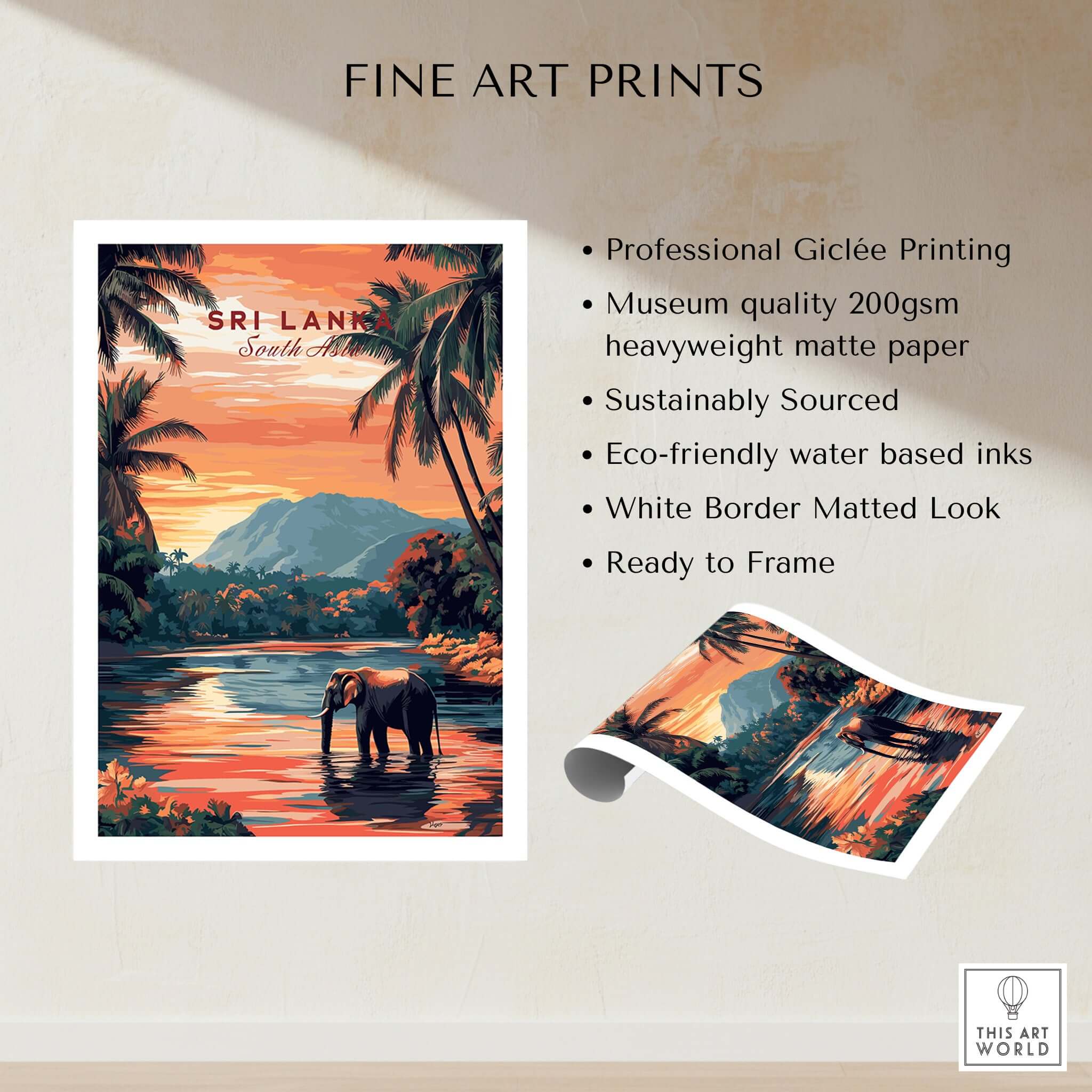 Sri Lanka Elephant Art - South Asia Travel Print, Wildlife Wall Decor featuring a majestic elephant in vibrant colors.