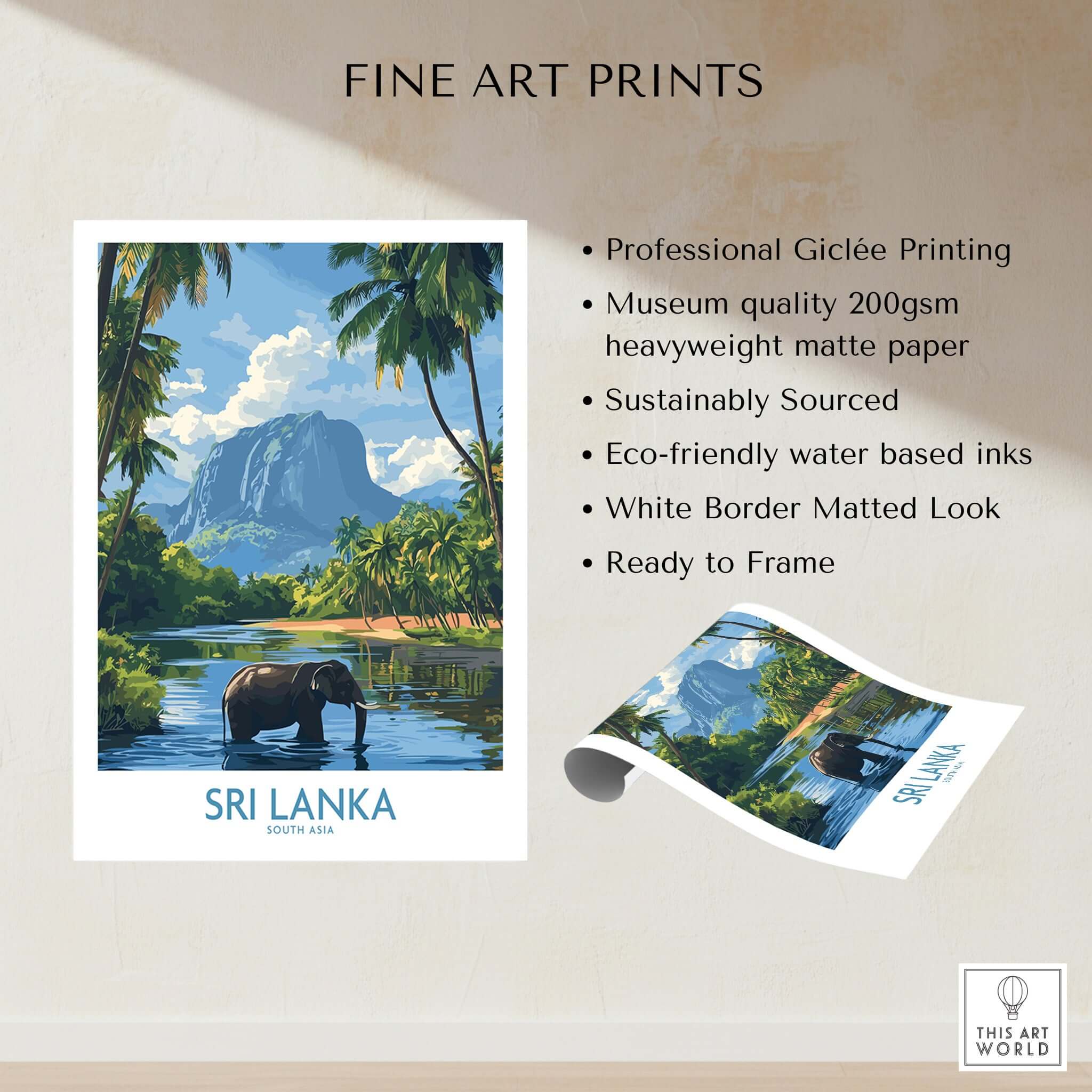 Sri Lanka Tropical Scene Wall Art - Elephant Print, Island Paradise Decor with lush landscapes and wildlife.