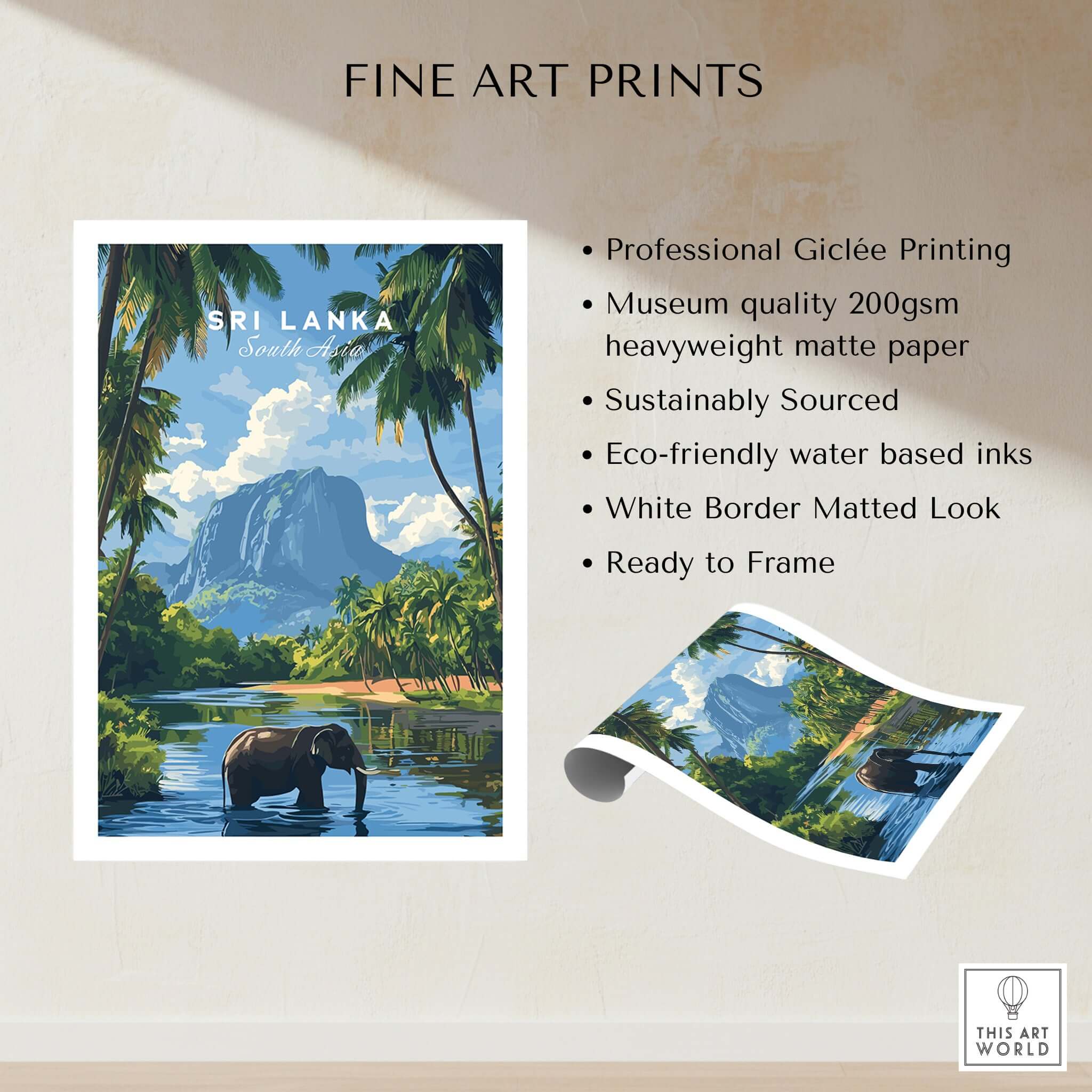 Sri Lanka Wildlife Poster - South Asia Landscape Art, Elephant Mountain View featuring elephants and vibrant nature.