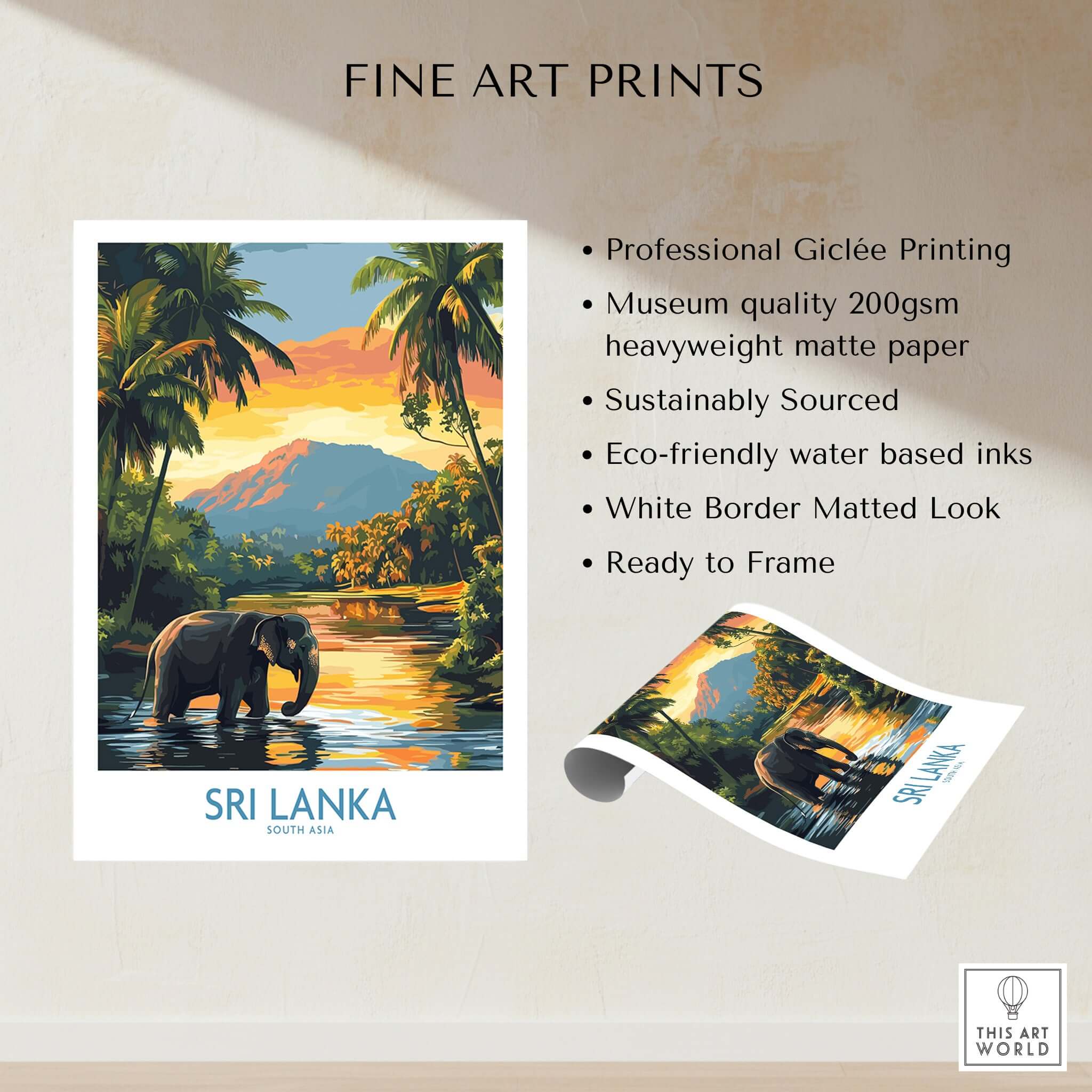 Sri Lanka Travel Art Print - Elephant Swimming Wall Art, Tropical Adventure Scene featuring vibrant colors and professional quality.