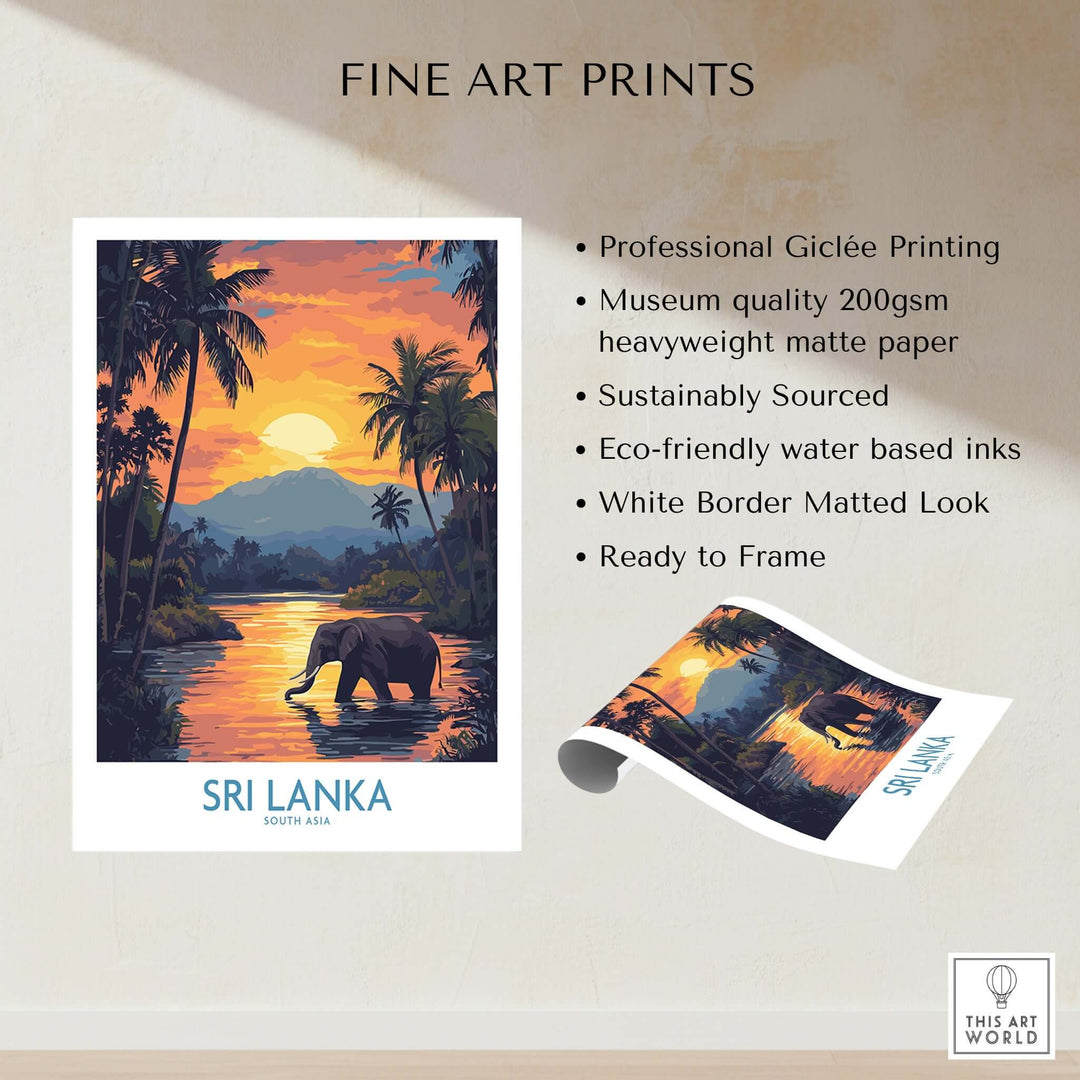 Sri Lanka Poster with Elephant in tropical setting at Sunset - Travel Print showcasing a vibrant sunset and lush landscape.