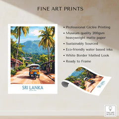 Sri Lanka Wall Art featuring a Tuk-Tuk, showcasing vibrant colors and tropical scenery in a fine art print.