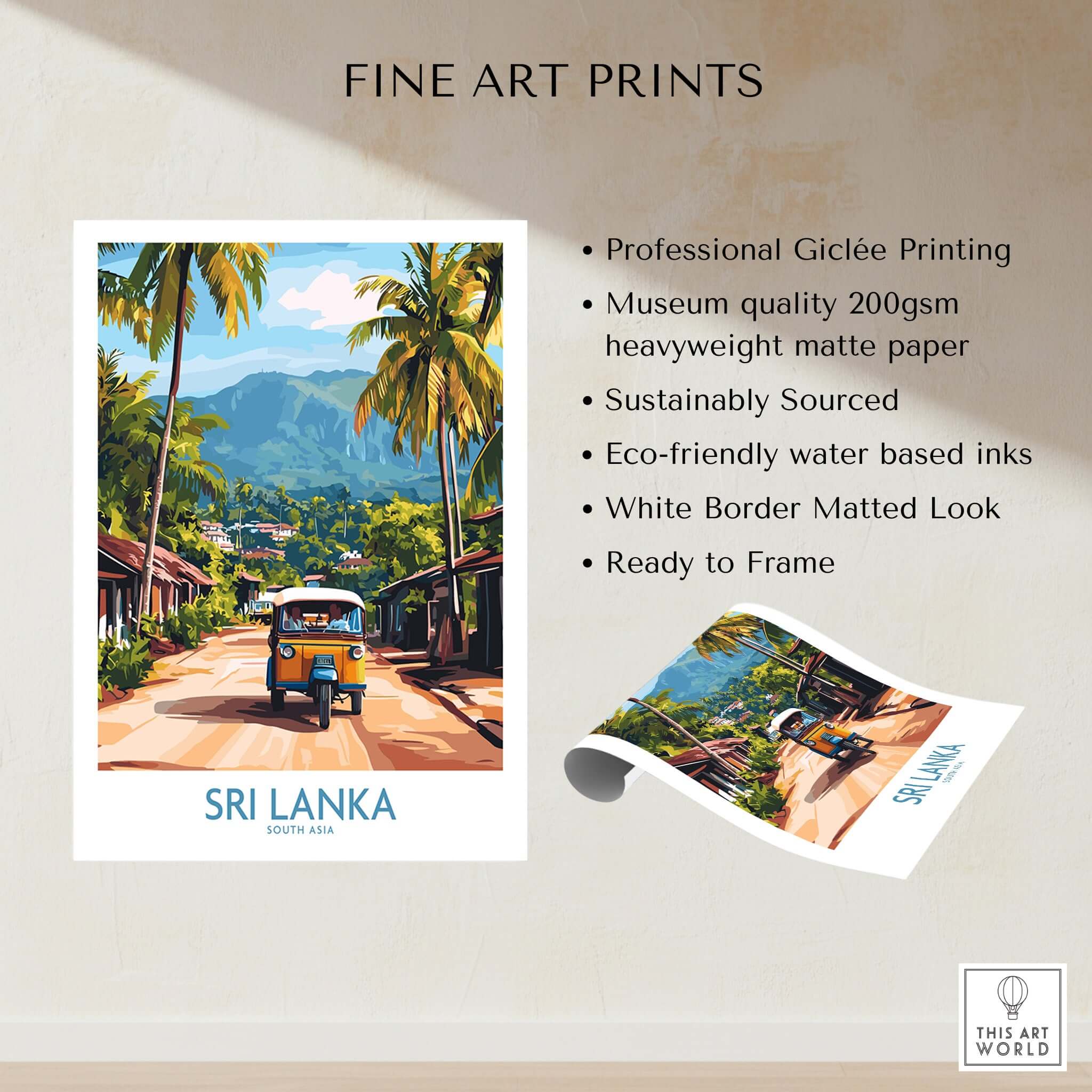 Sri Lanka Wall Art featuring a Tuk-Tuk, showcasing vibrant colors and tropical scenery in a fine art print.
