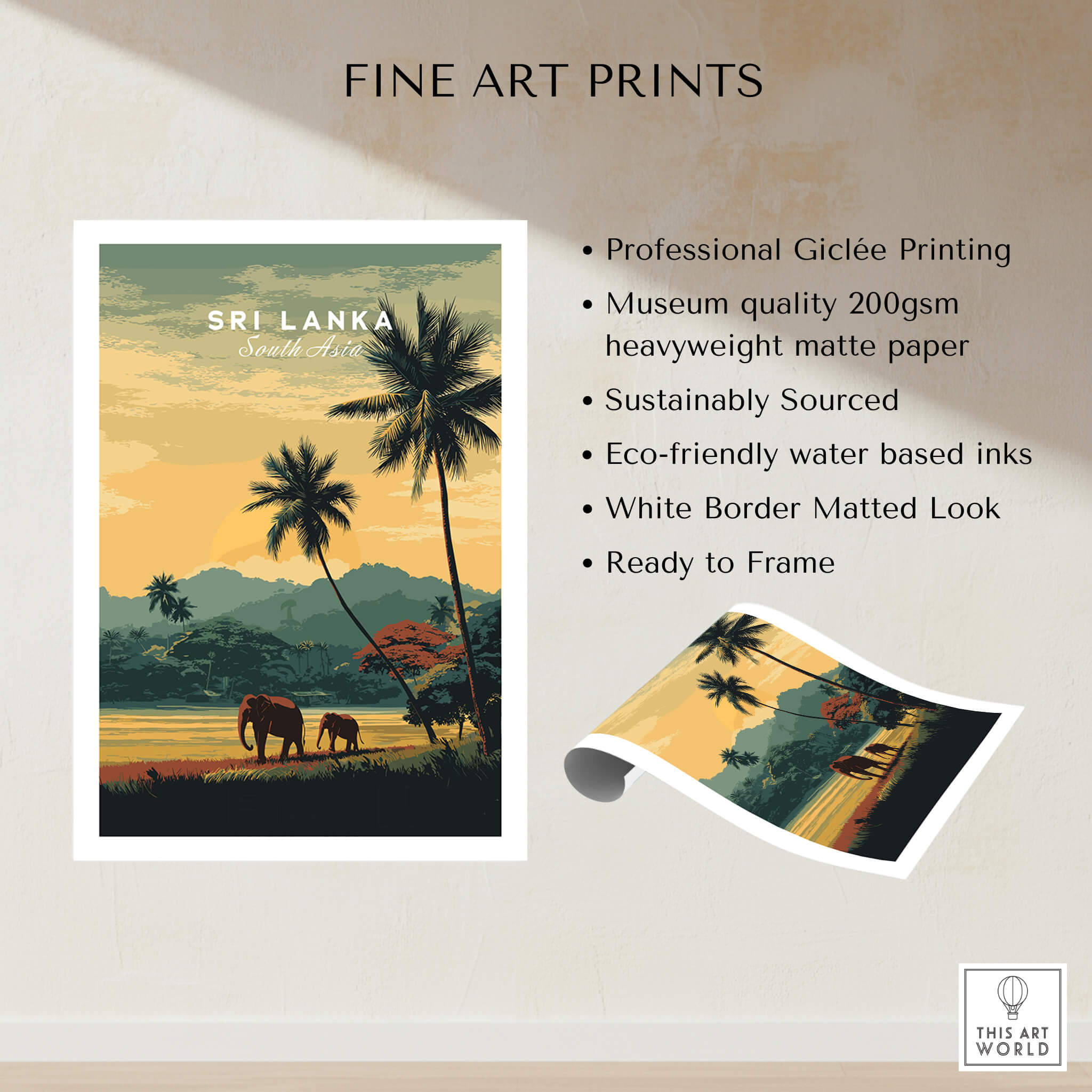 Sri Lanka Wall Art Print | Sunset Elephant Landscape Travel Poster showcasing Sri Lanka's wildlife at sunset.