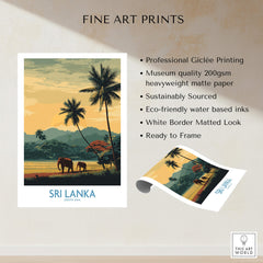 Sri Lanka Poster | Tropical Palm Tree & Elephant Canvas Print featuring elephants and tropical palms, eco-friendly and ready to frame.