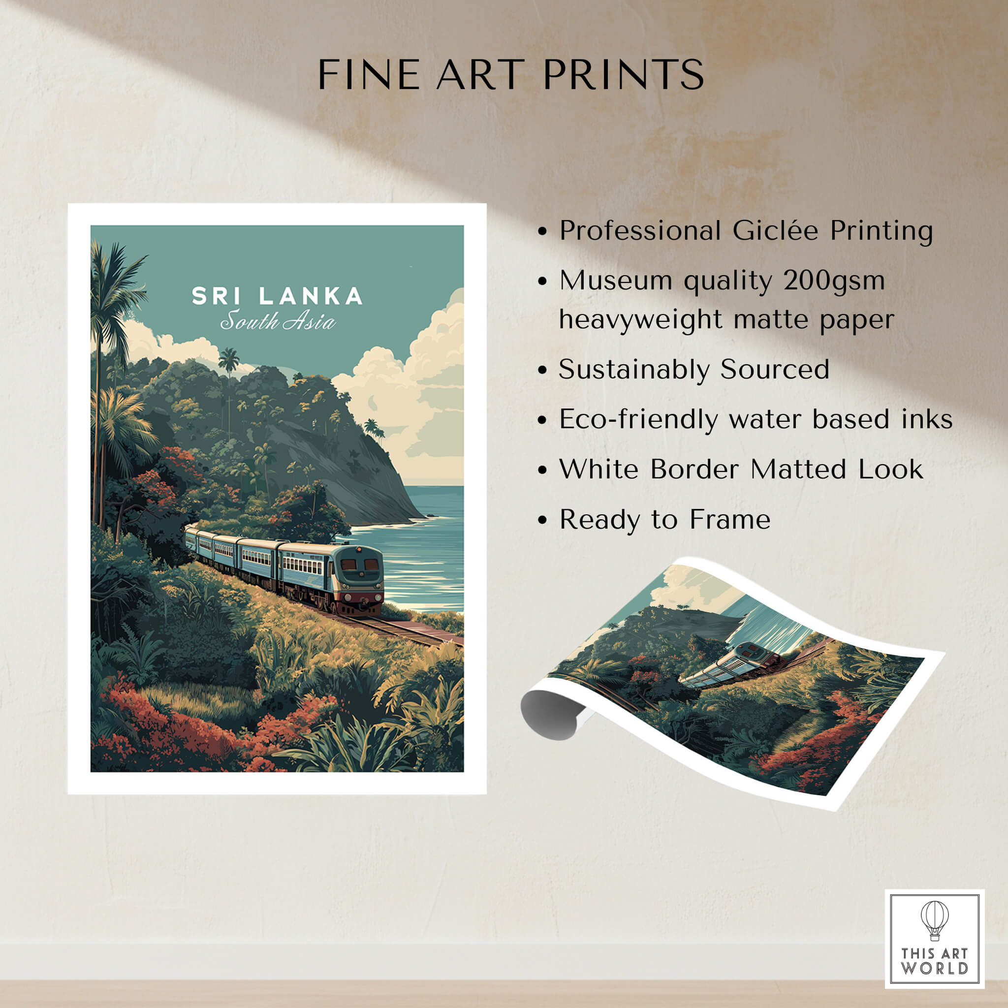 Sri Lanka Wall Art Print | Train Travel Poster featuring a scenic train journey through lush landscapes.