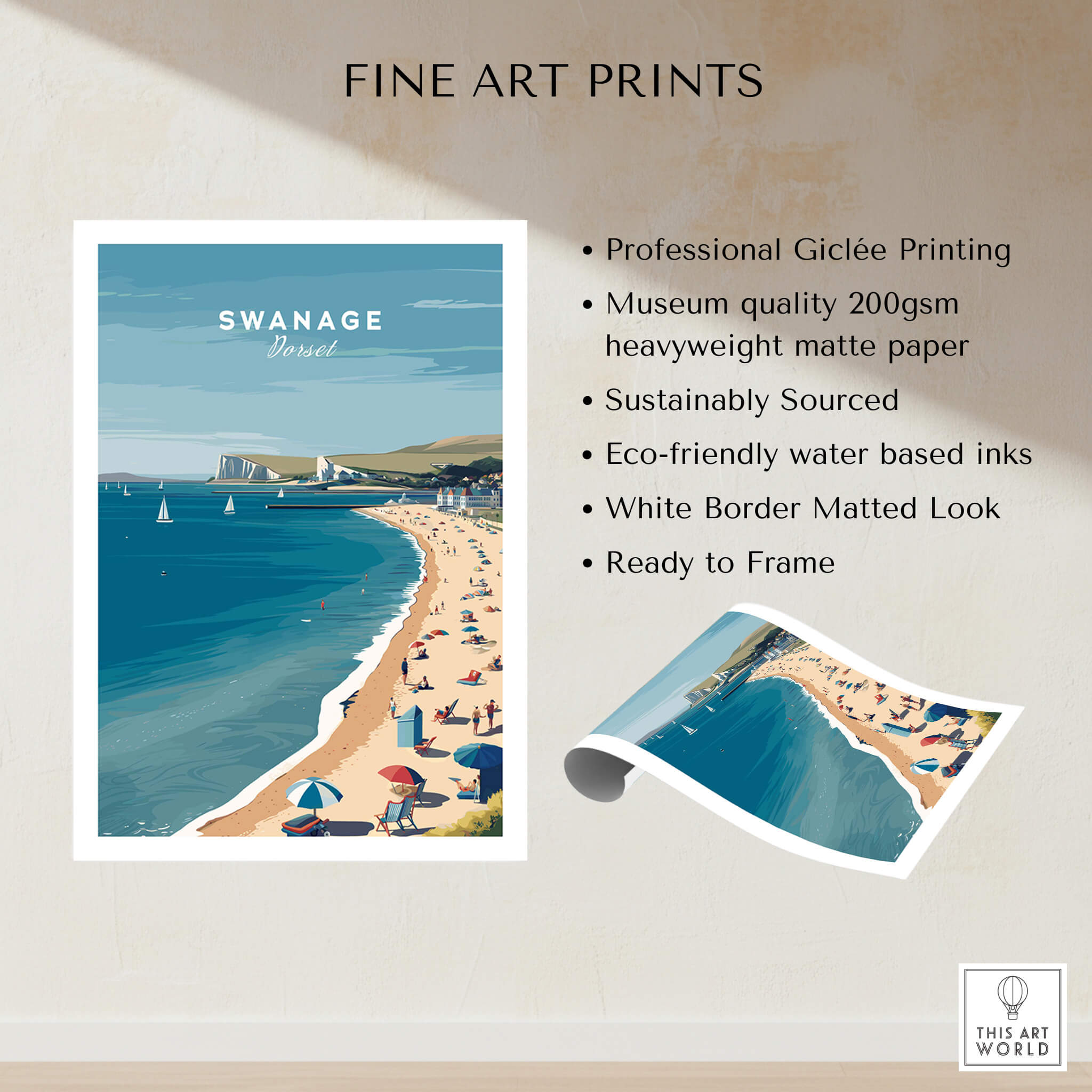 Swanage Dorset Wall Art Print | British Seaside Beach Travel Poster showcasing the Jurassic Coast and a vibrant beach scene.