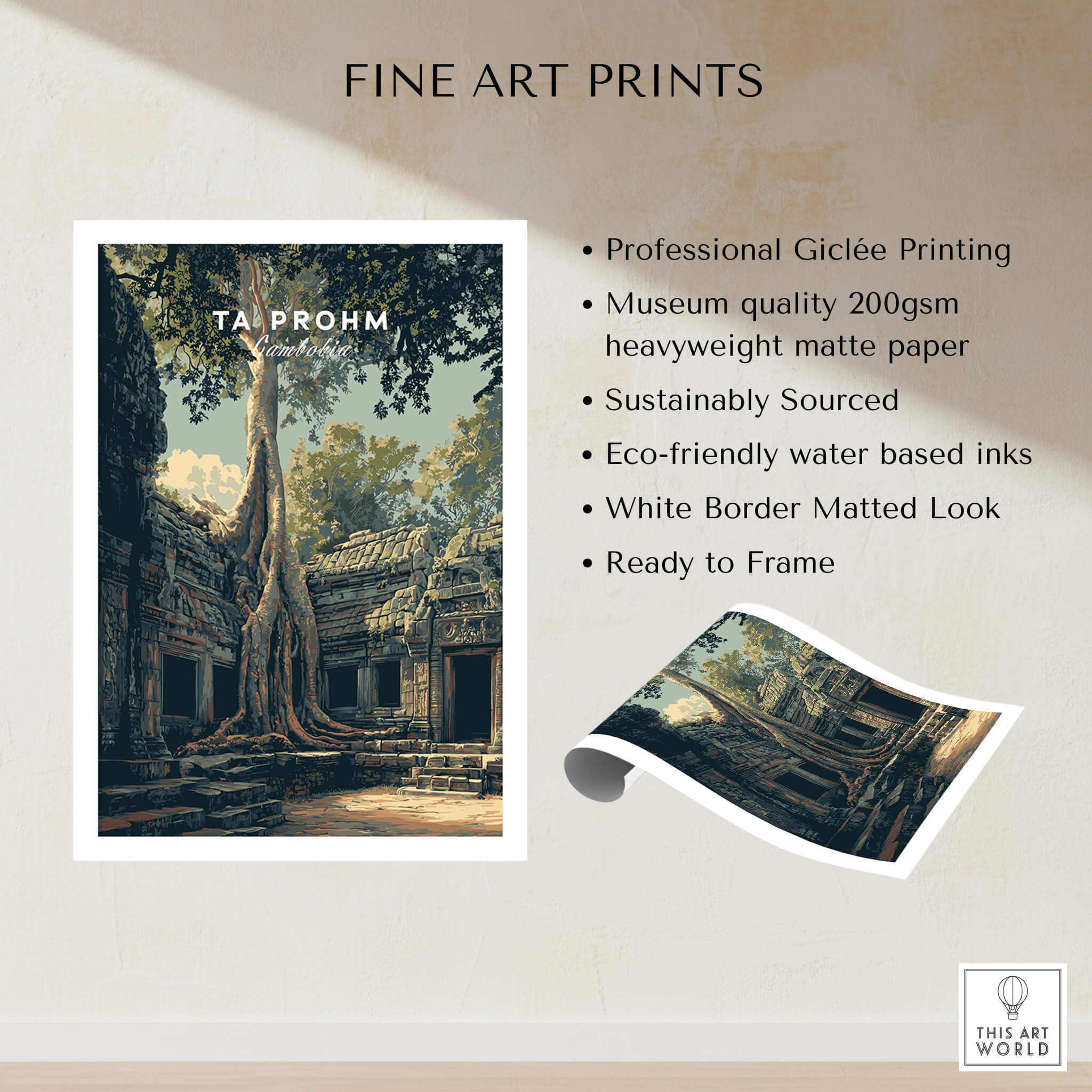 Ta Prohm Cambodia Travel Poster | Ancient Temple Jungle Ruins Wall Art Print showcasing fine art printing and sustainable materials.