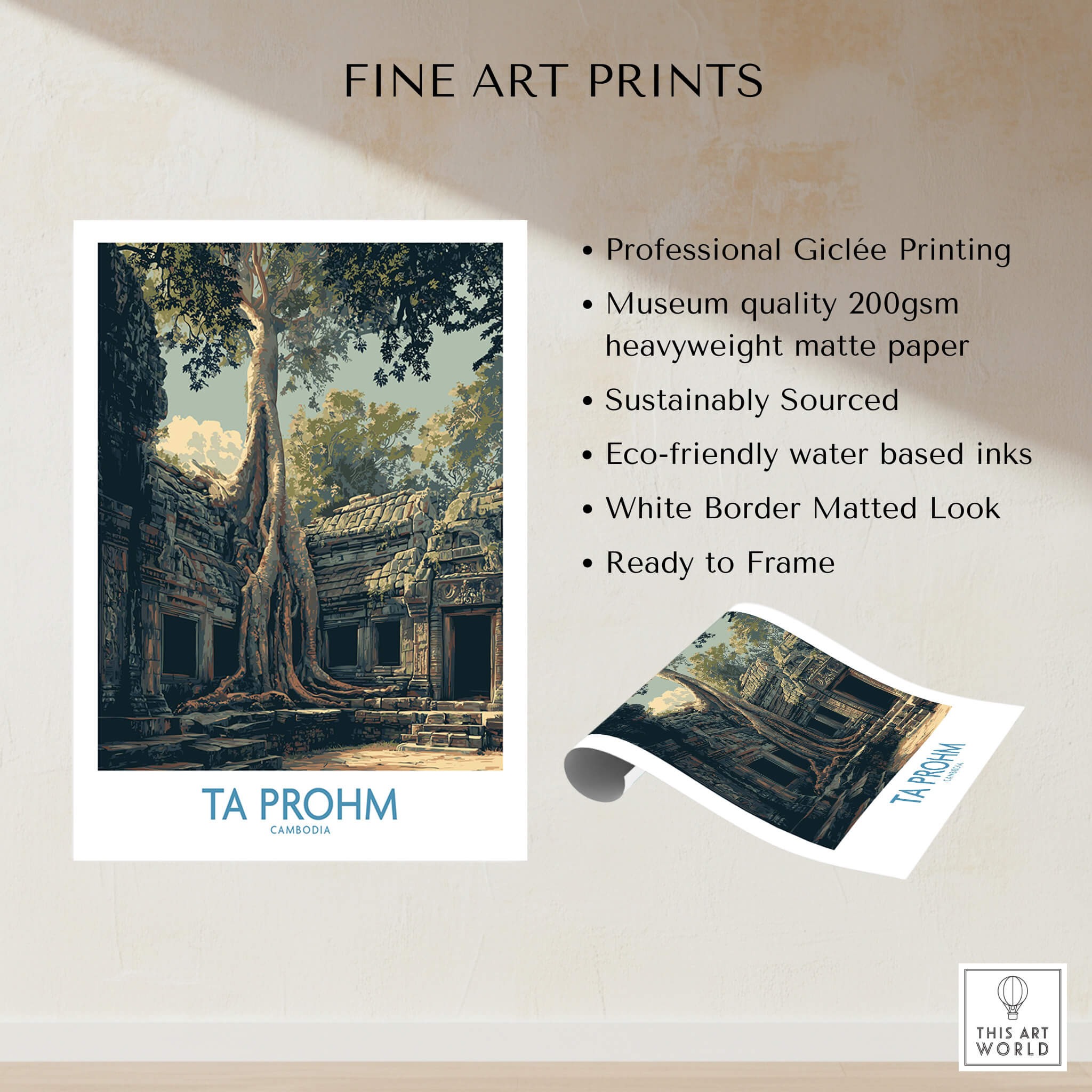 Ta Prohm Cambodia Canvas Print | Iconic Tree Root Ruins Poster showcasing ancient temple ruins and tree roots.