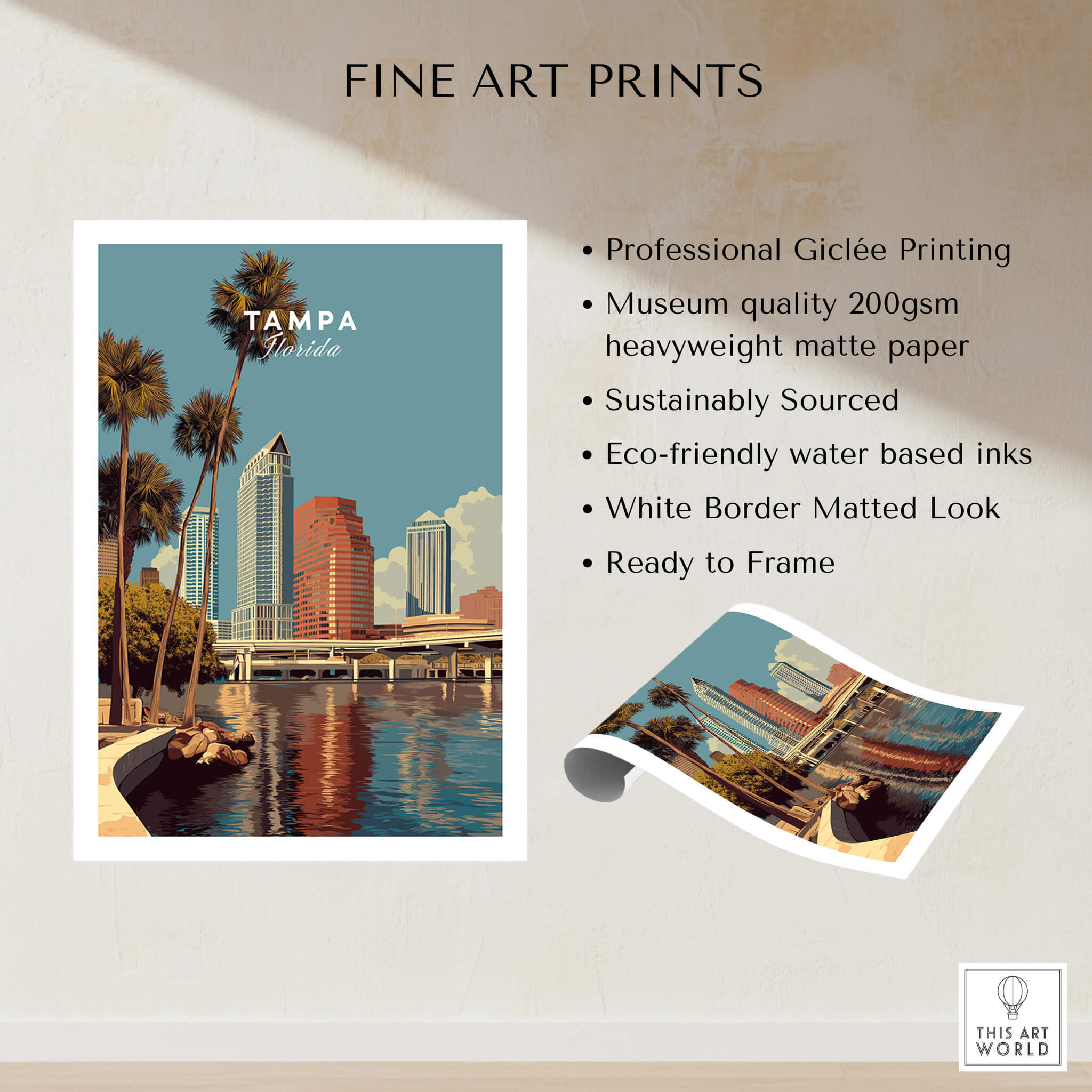 Tampa Florida Wall Art Print | Downtown City Skyline Travel Poster showcasing vibrant downtown skyline and palm trees.
