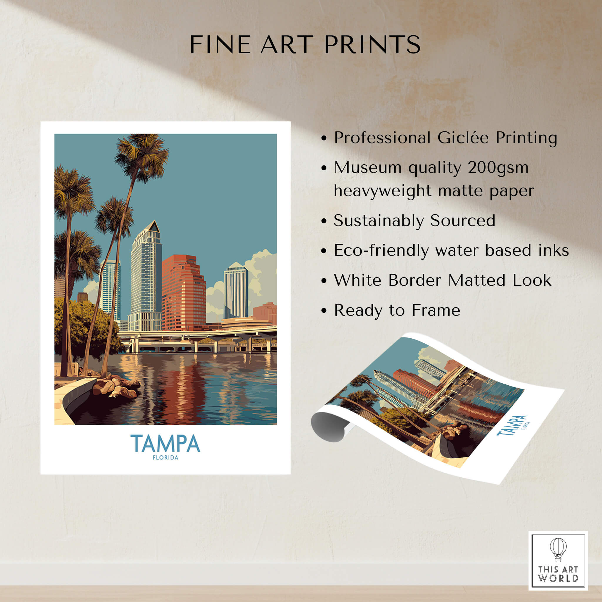 Tampa Florida Poster | Waterfront Sunset Cityscape Canvas Print on heavyweight matte paper with a white border.