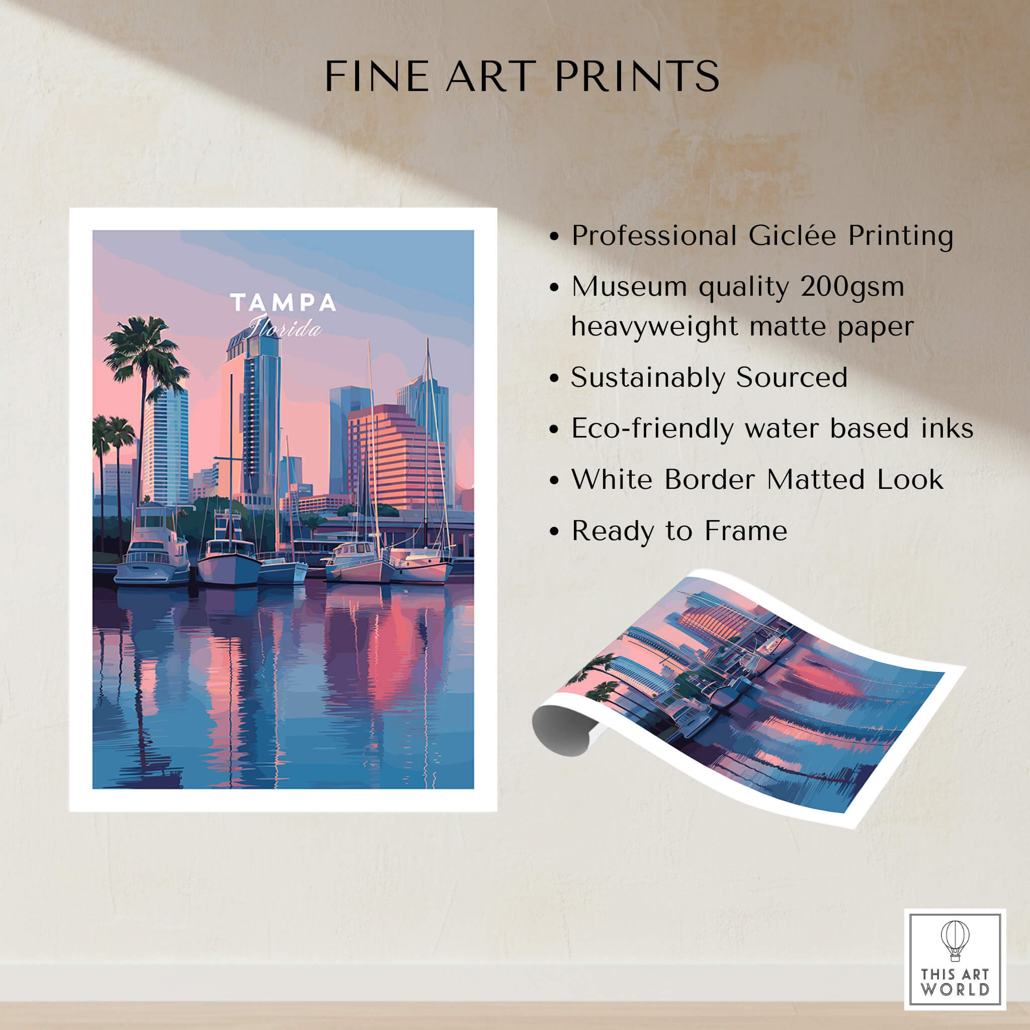 Tampa Florida Travel Poster | Marina Harbor & Skyline Wall Art Print showcasing marina and skyline reflections.