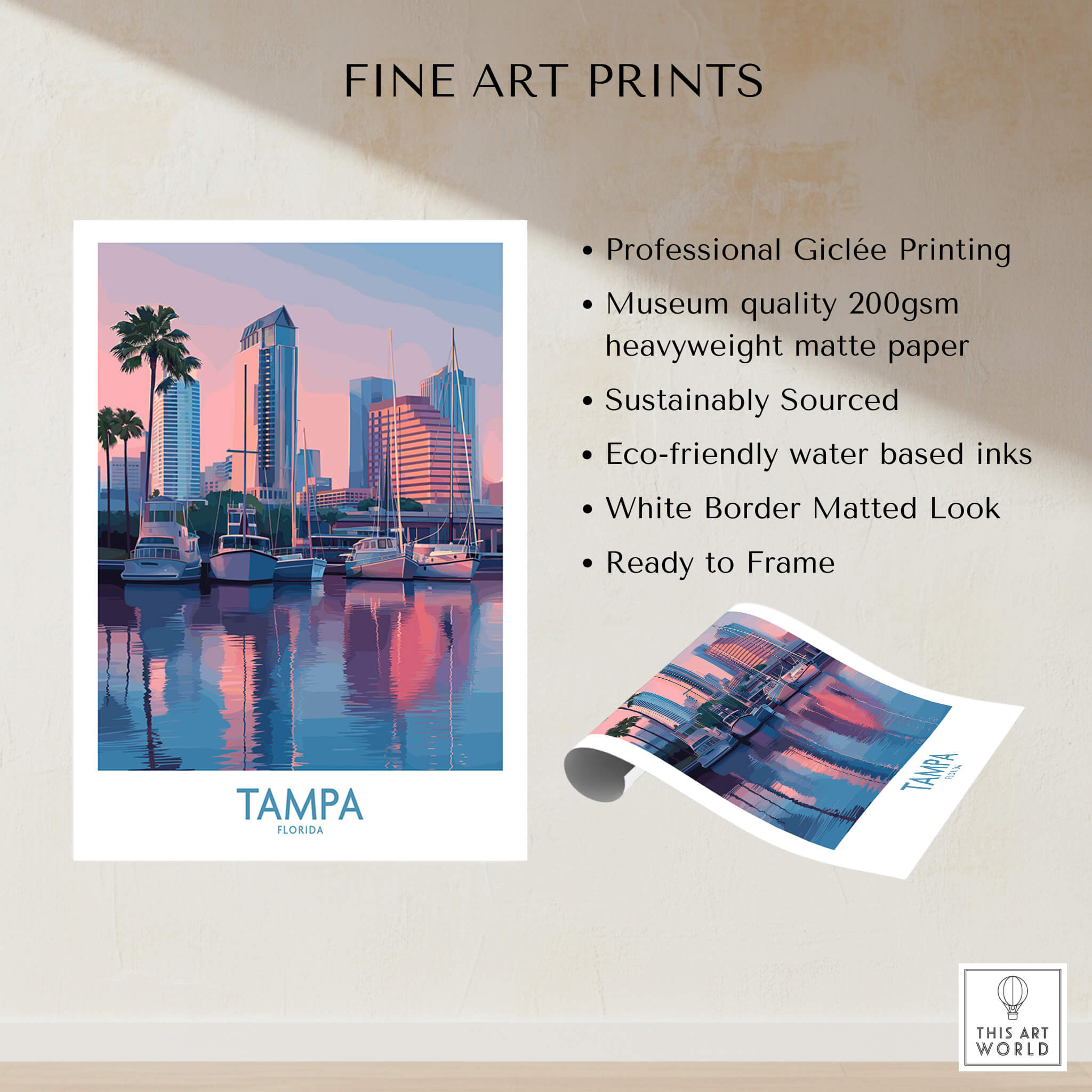Tampa Florida Canvas Print | Sunset Bay & Sailboat Landscape Poster showcasing Giclée printing and vibrant waterfront scene.