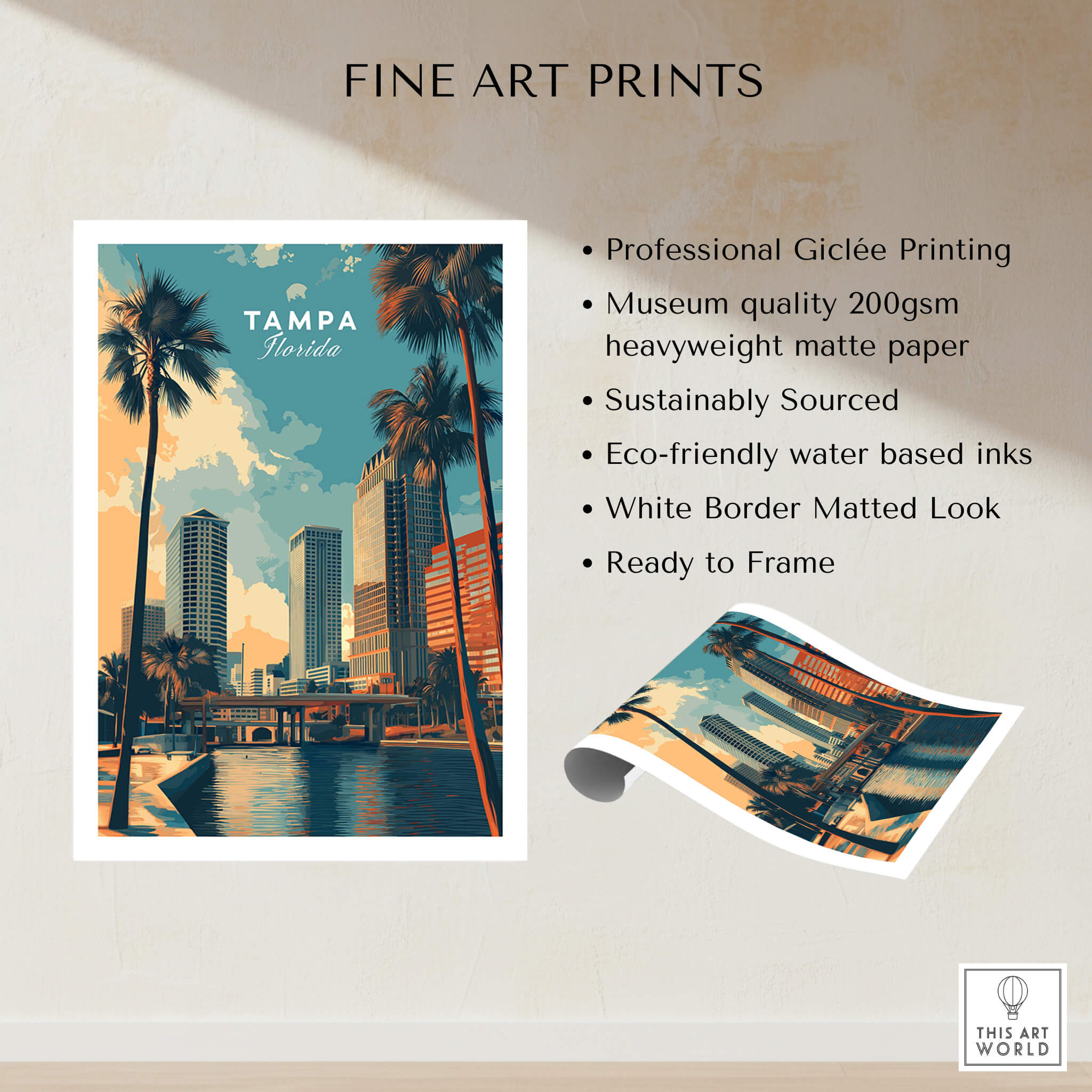 Tampa Florida Wall Art Print | Palm Trees & Modern Skyline Travel Poster featuring Giclée printing and eco-friendly materials.