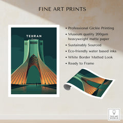 Tehran Iran Travel Poster | Azadi Tower Landmark Wall Art Print featuring professional Giclée printing and matted look.