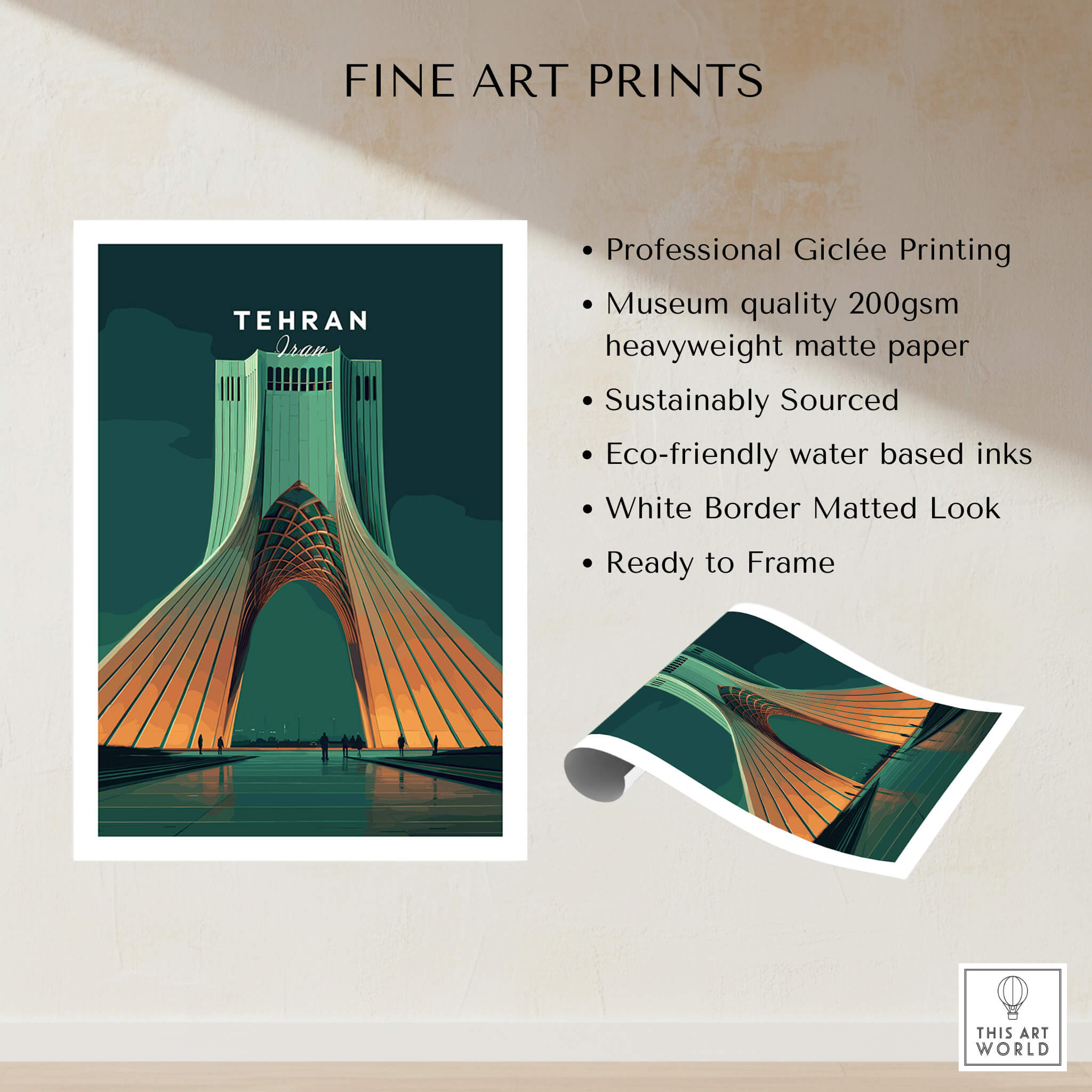 Tehran Iran Travel Poster | Azadi Tower Landmark Wall Art Print featuring professional Giclée printing and matted look.