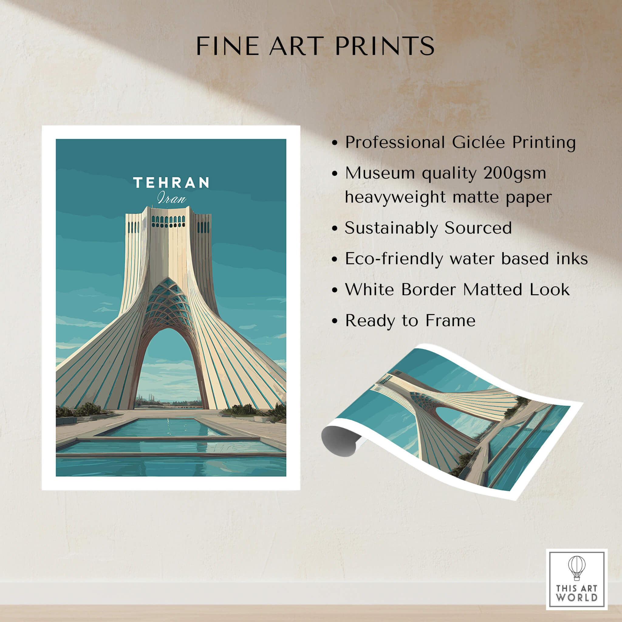 Tehran Wall Art Print | Iran Travel Poster showcasing Azadi Tower with a professional Giclée finish.
