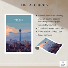 Tehran Iran Travel Poster | Alborz Mountains Skyline Wall Art Print showcasing a stunning view of Tehran with mountains.