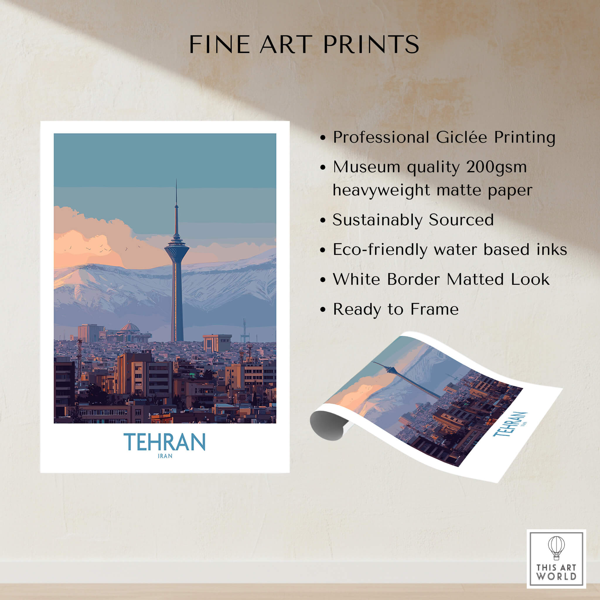Tehran Iran Canvas Print | Evening City Landscape Poster showcasing professional Giclée printing with a serene cityscape.