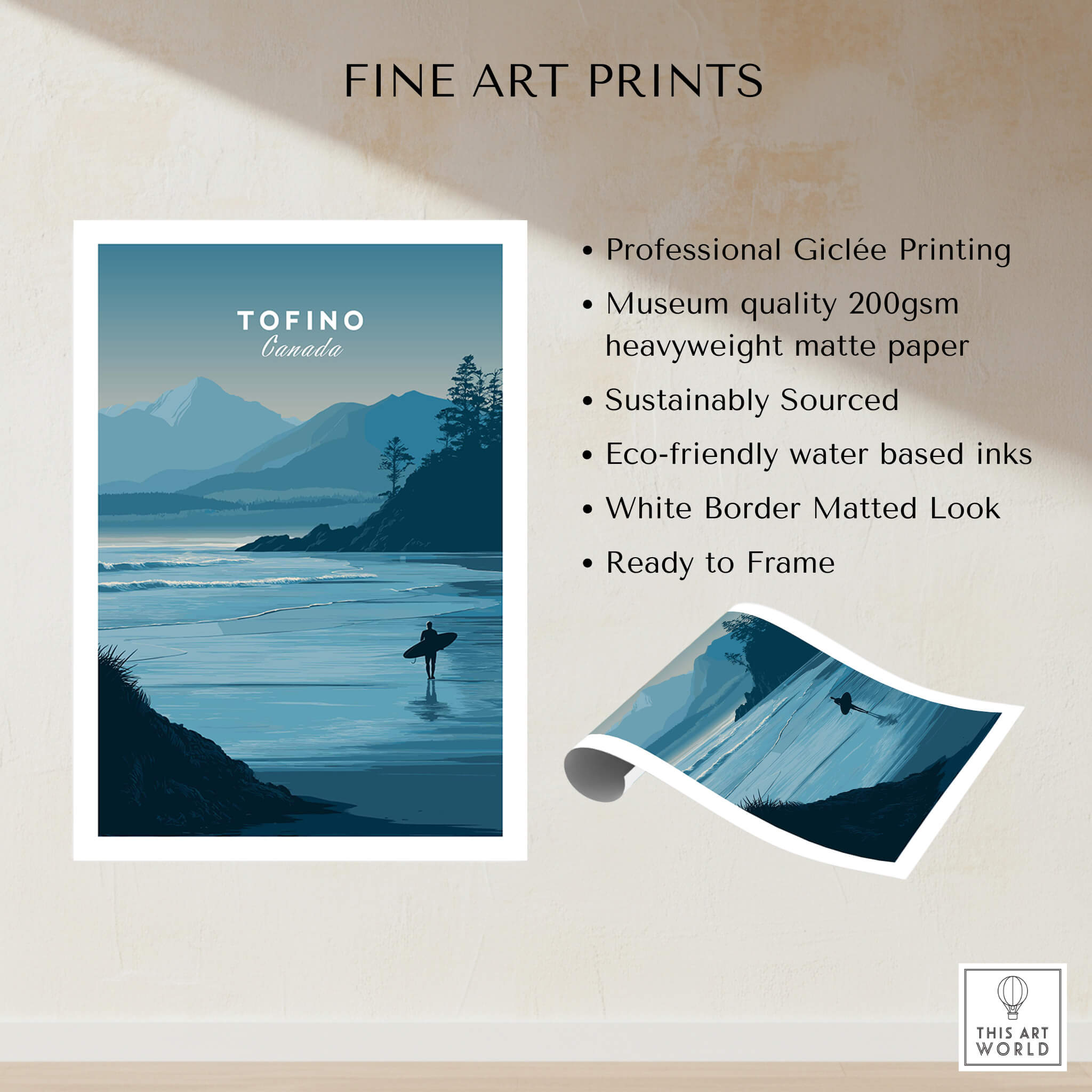 Tofino Canada Travel Poster | Pacific Coast Surfer Wall Art Print showcasing a surfer in pristine waves.
