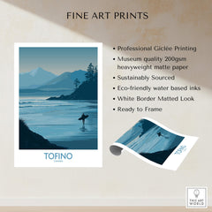 Tofino Canada Canvas Print | Misty Mountain & Shoreline Poster showcasing a surfer in the misty landscape.