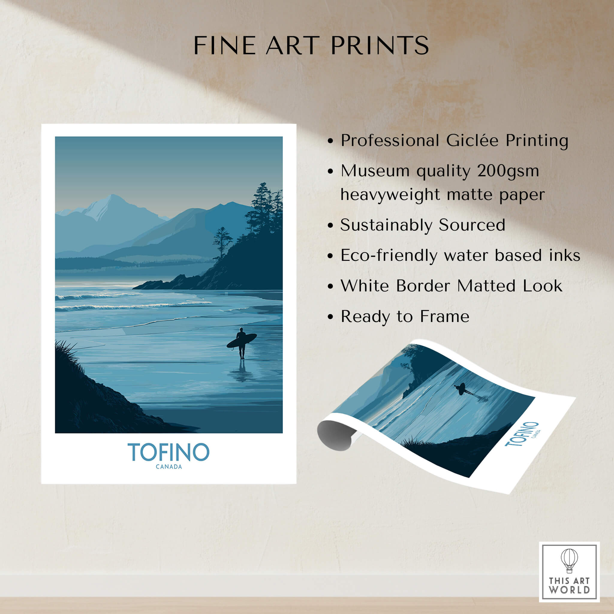 Tofino Canada Canvas Print | Misty Mountain & Shoreline Poster showcasing a surfer in the misty landscape.