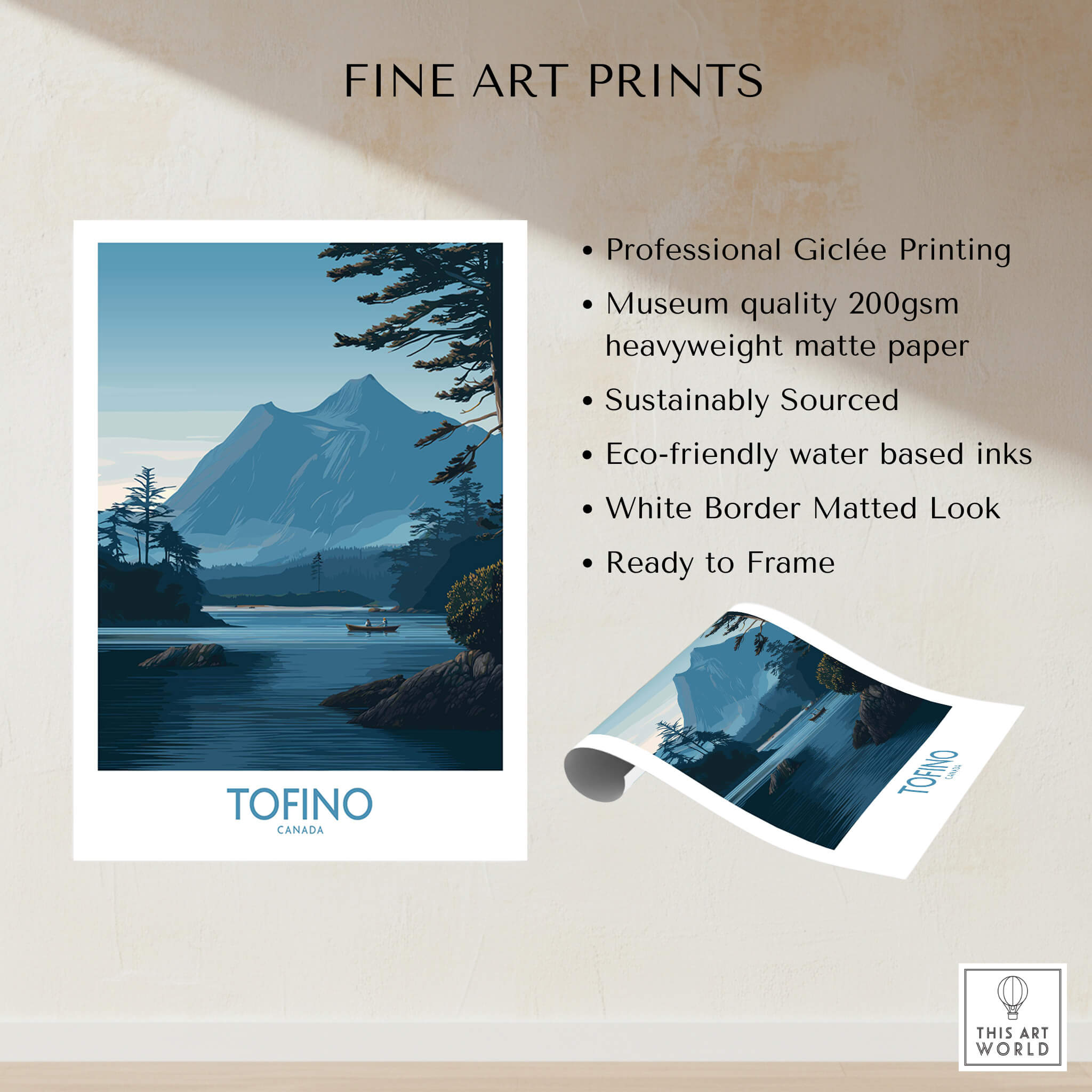 Tofino Canada Poster | Serene Canoe Landscape Scene Canvas Print showcasing a tranquil boat scene with mountains.