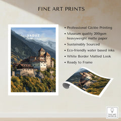 Vaduz Liechtenstein castle travel poster art print with mountain landscape, unframed