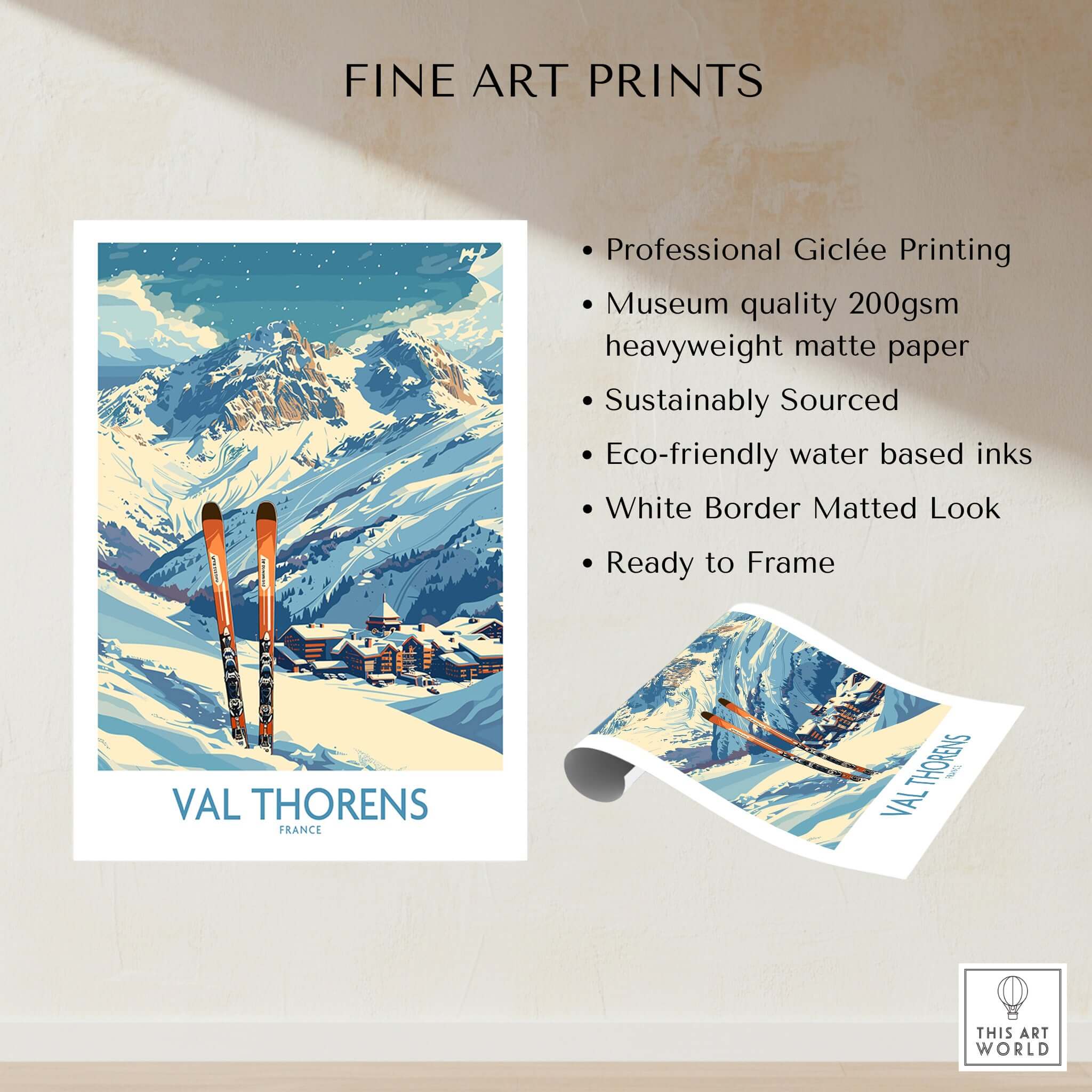 Val Thorens Print showcasing snowy mountains and ski equipment, perfect for home decor and ski enthusiasts.