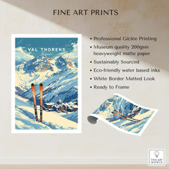 Val Thorens Travel Poster showcasing the stunning alpine scenery and ski equipment in a vibrant design.