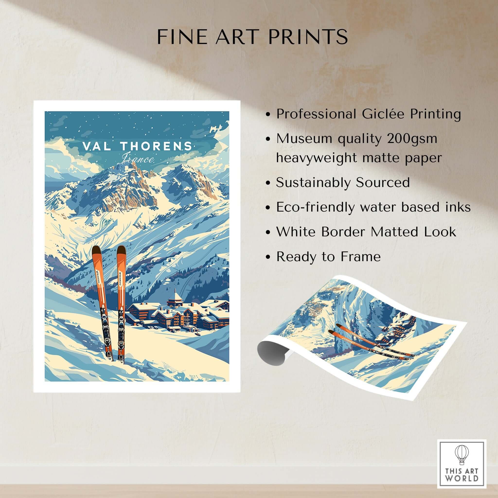 Val Thorens Travel Poster showcasing the stunning alpine scenery and ski equipment in a vibrant design.