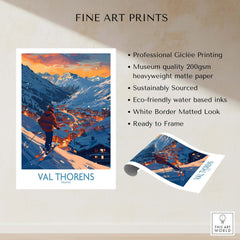 Val Thorens Ski Print showcasing vibrant skiing scene and stunning mountain landscape, perfect for any ski lover's decor.