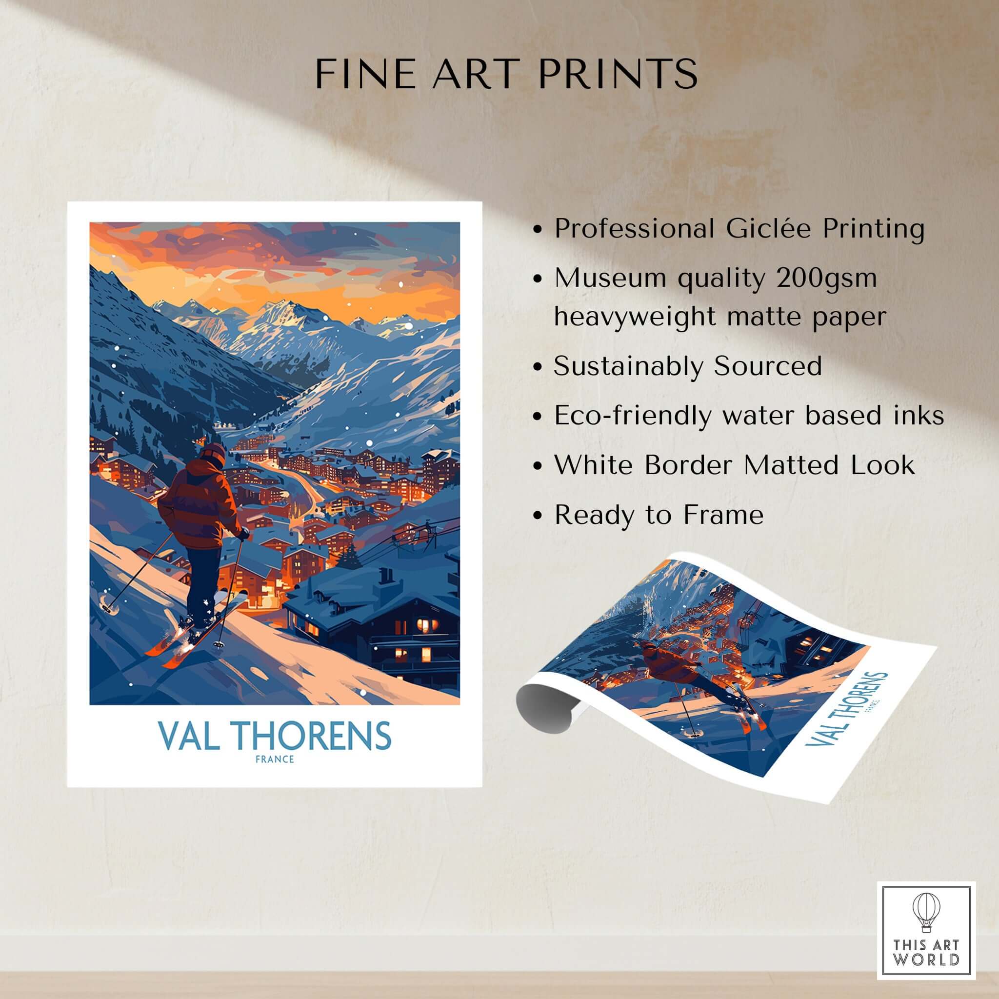 Val Thorens Ski Print showcasing vibrant skiing scene and stunning mountain landscape, perfect for any ski lover's decor.