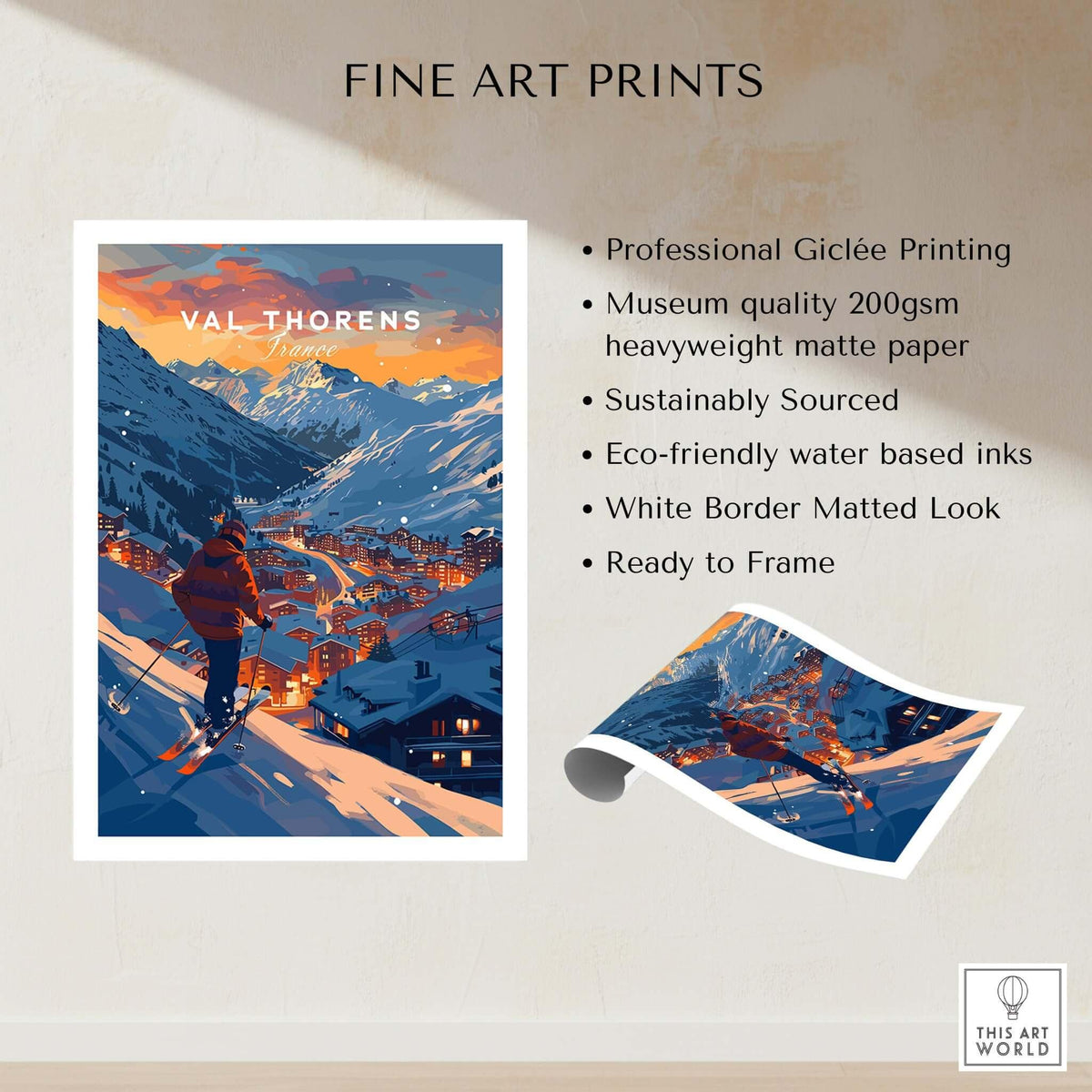 Val Thorens Ski Poster featuring a skier in the beautiful French Alps at sunset, perfect for ski enthusiasts.
