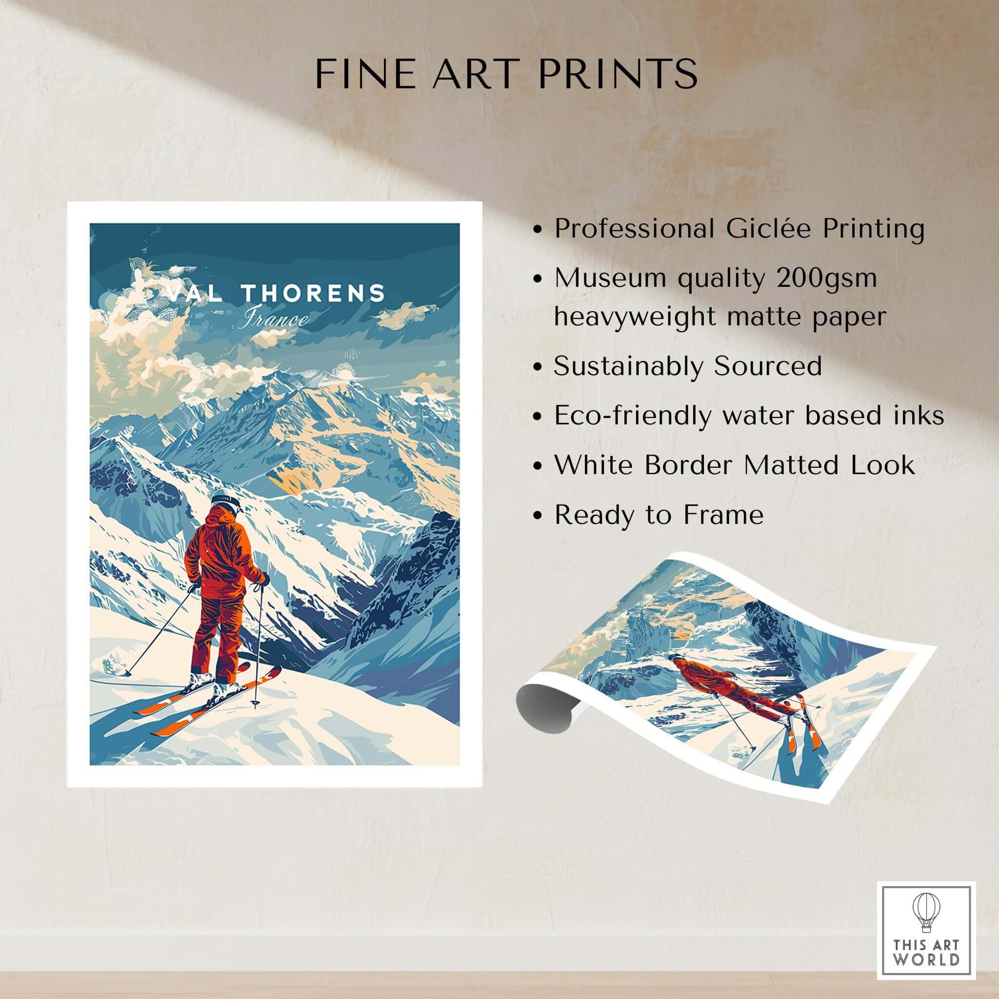 Val Thorens Poster, capturing the iconic ski destination with vibrant colors and thrilling mountain peaks.