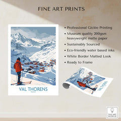 Val Thorens France Print showcasing ski scene with mountains and village, ideal for home decor.