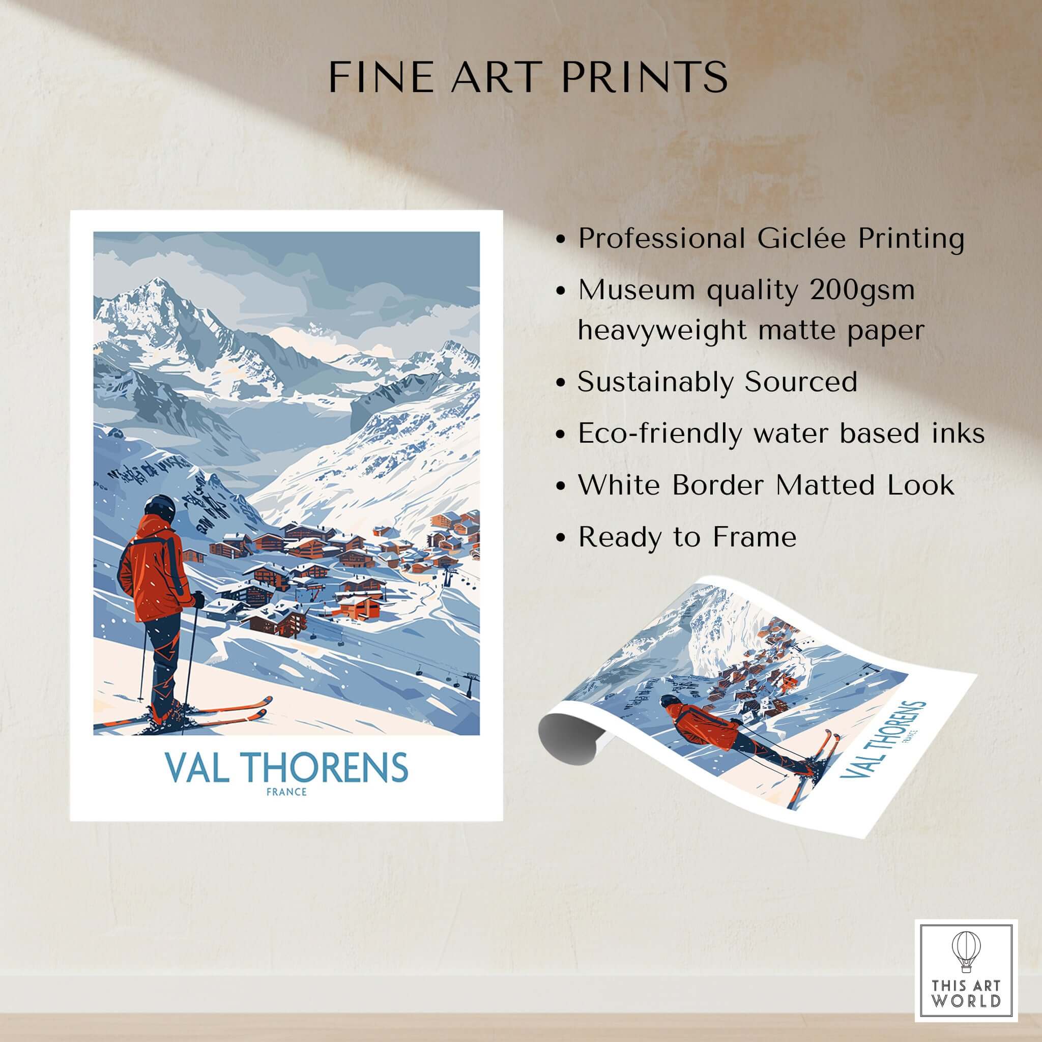 Val Thorens France Print showcasing ski scene with mountains and village, ideal for home decor.