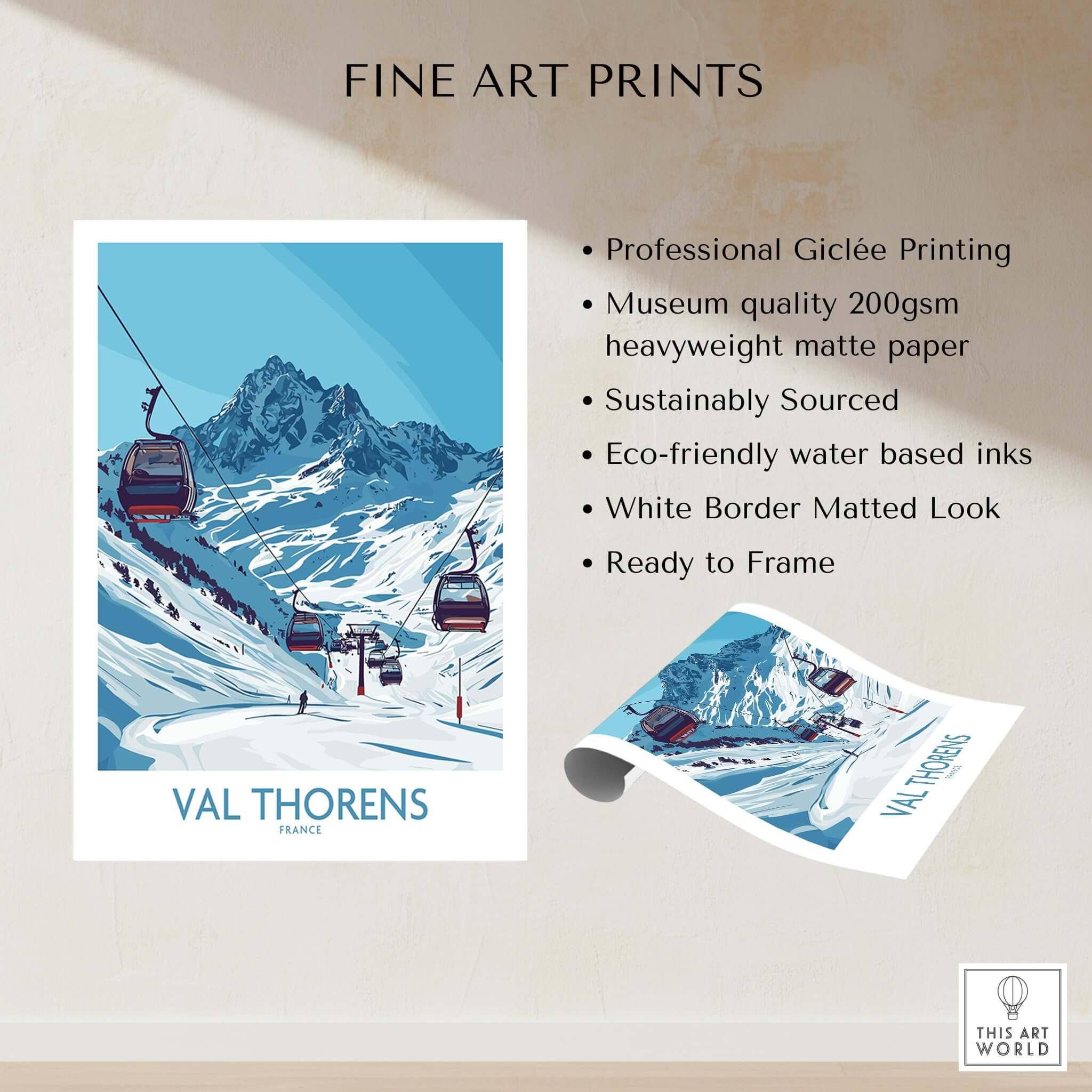 Winter Sports Poster | Val Thorens Ski Resort Wall Art featuring ski gondolas against snowy peaks.