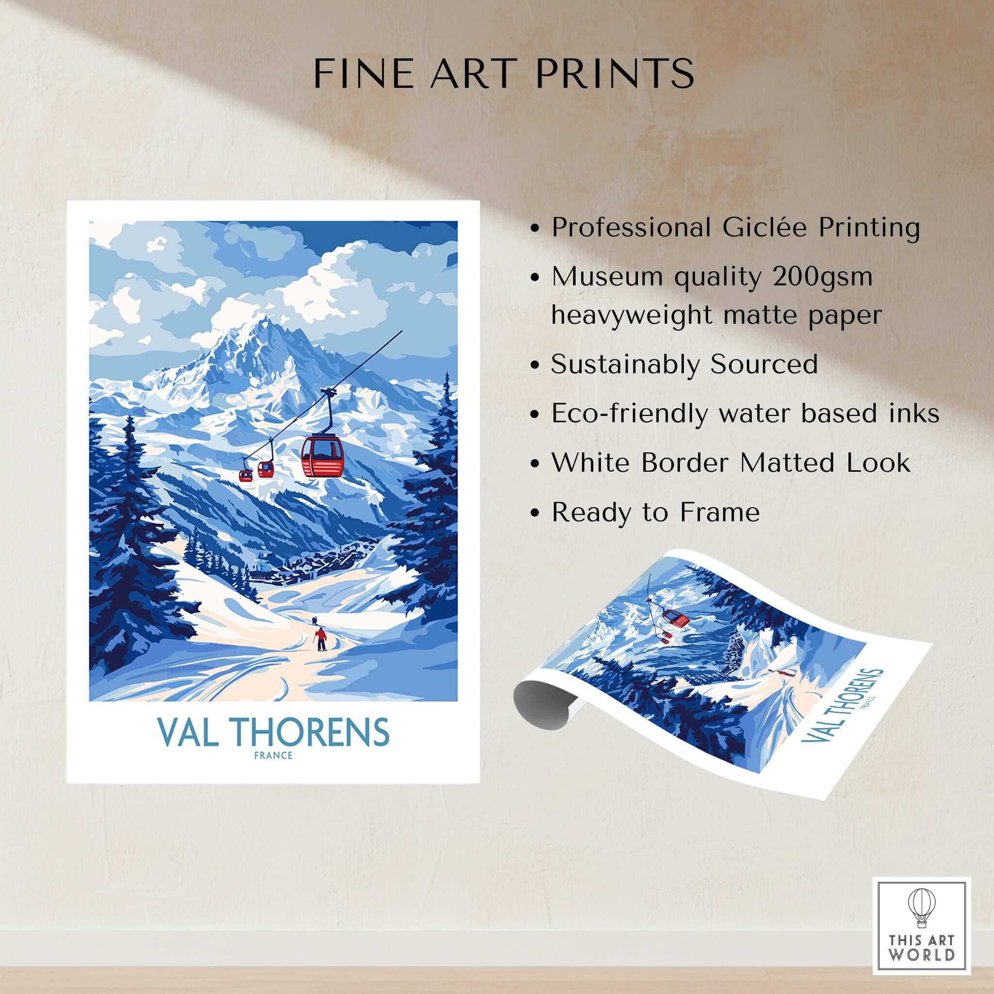 Ski Poster Val Thorens | Ski Trip Memories Wall Art featuring the ski slopes and scenic mountains of Val Thorens.