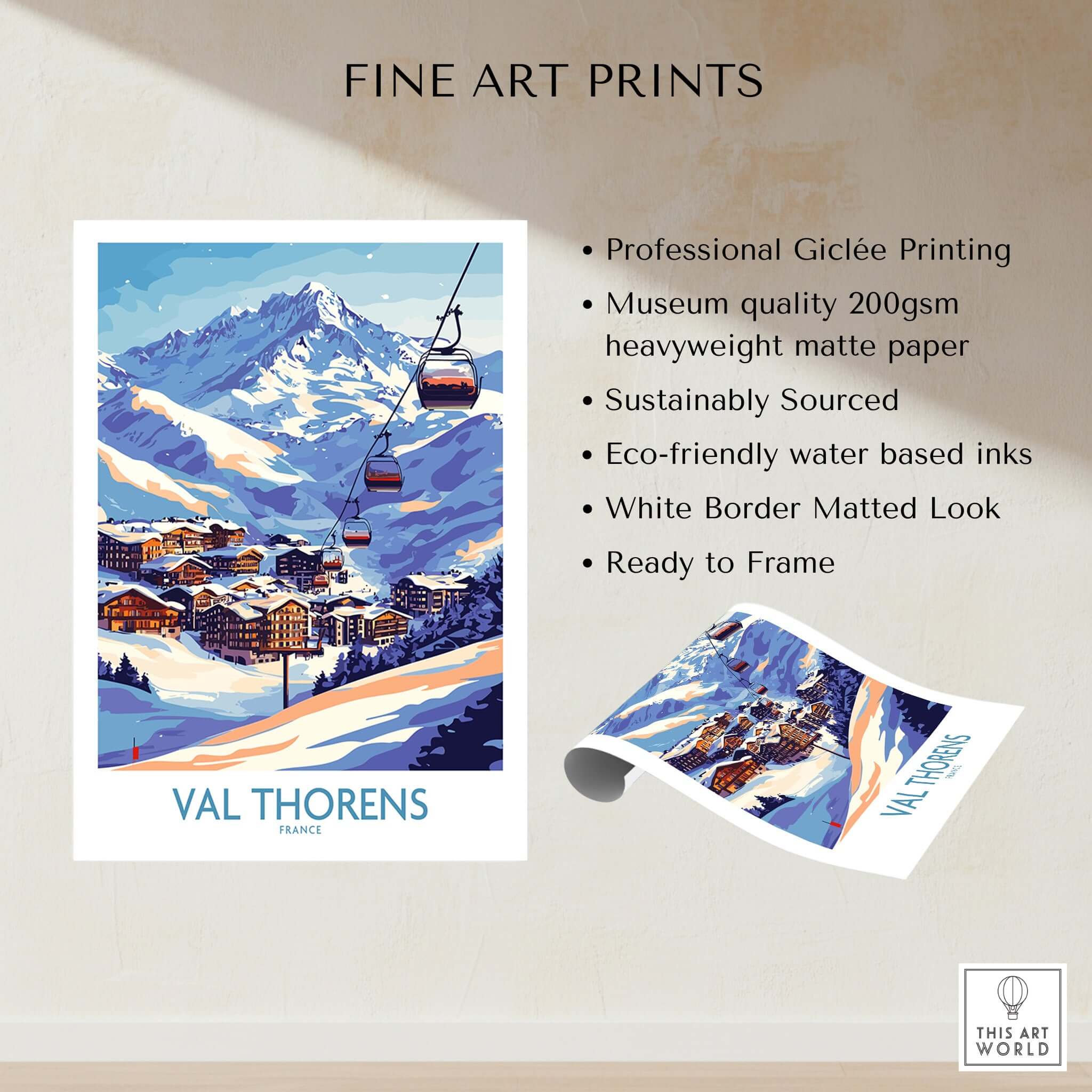 Val Thorens Winter Sports Print | From the Top Ski Run View showcasing a winter landscape and ski lift.
