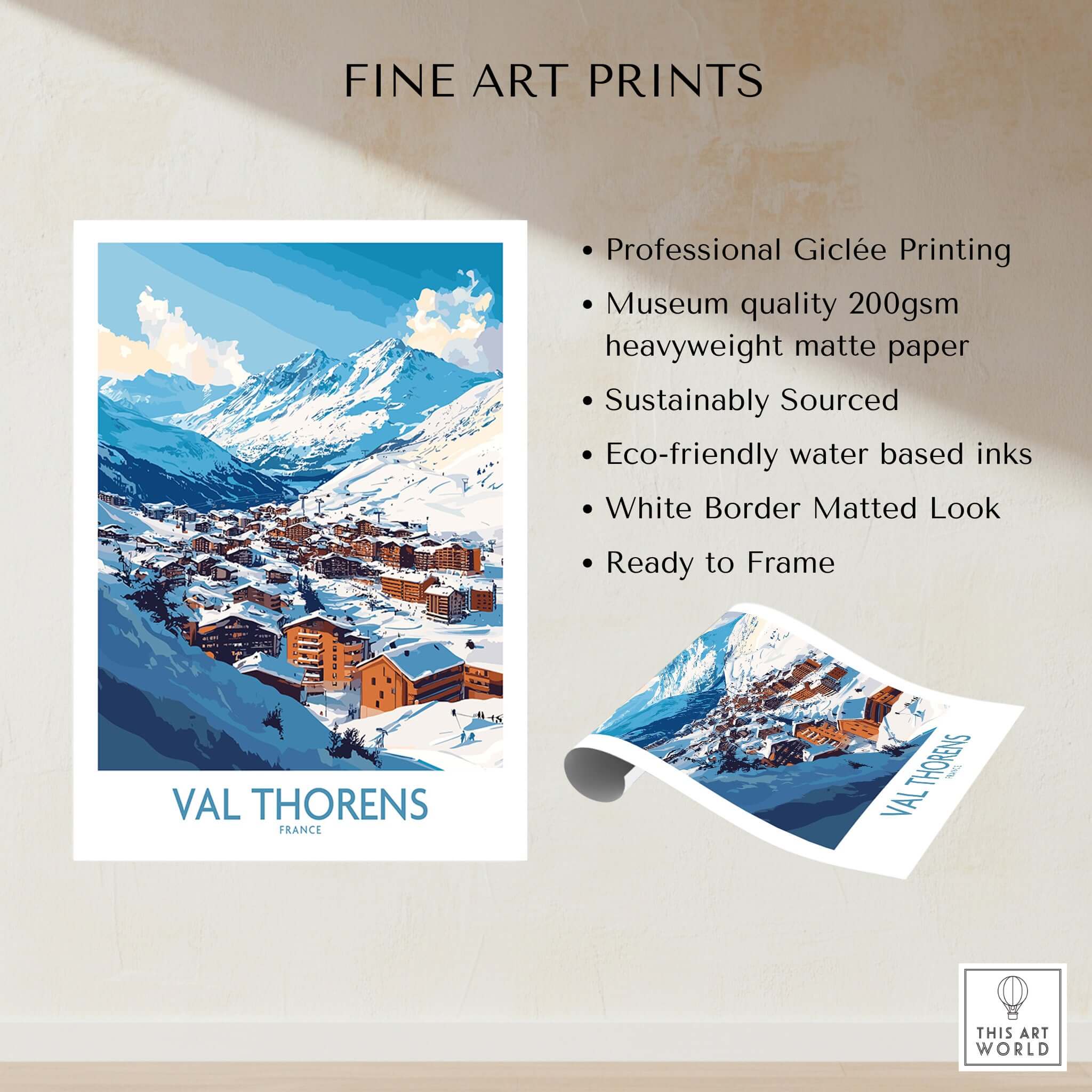 Ski in Val Thorens Art Print | France skiing Print showcasing beautiful winter landscape and ski resorts.