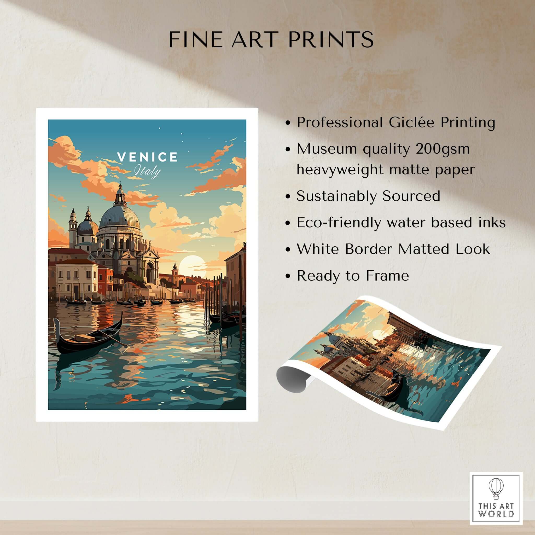 Venice Print featuring serene canals, gondola, and sunset, museum quality artwork for home decor.